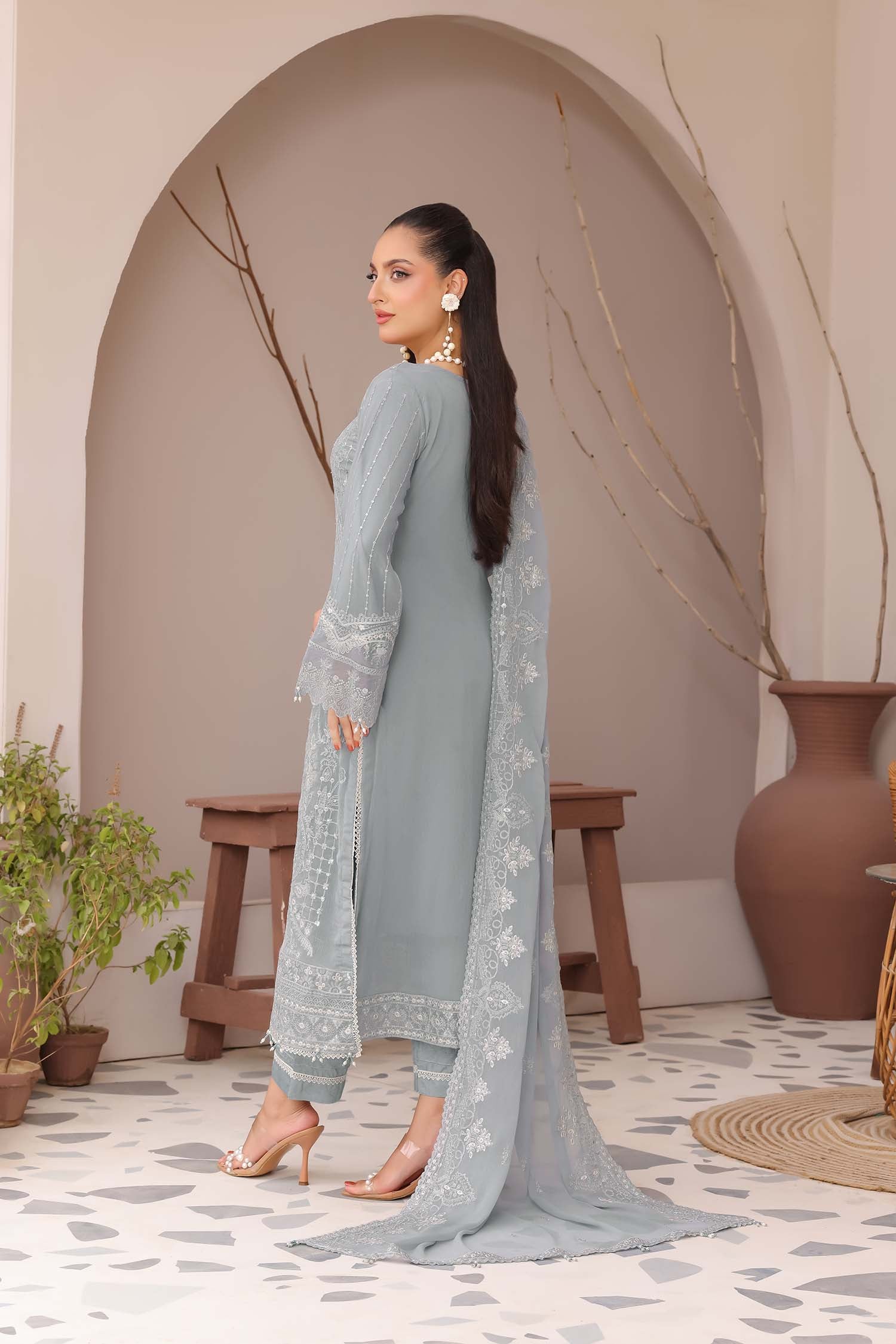 Madaya: Dusty Blue Embroidered Chiffon Suit