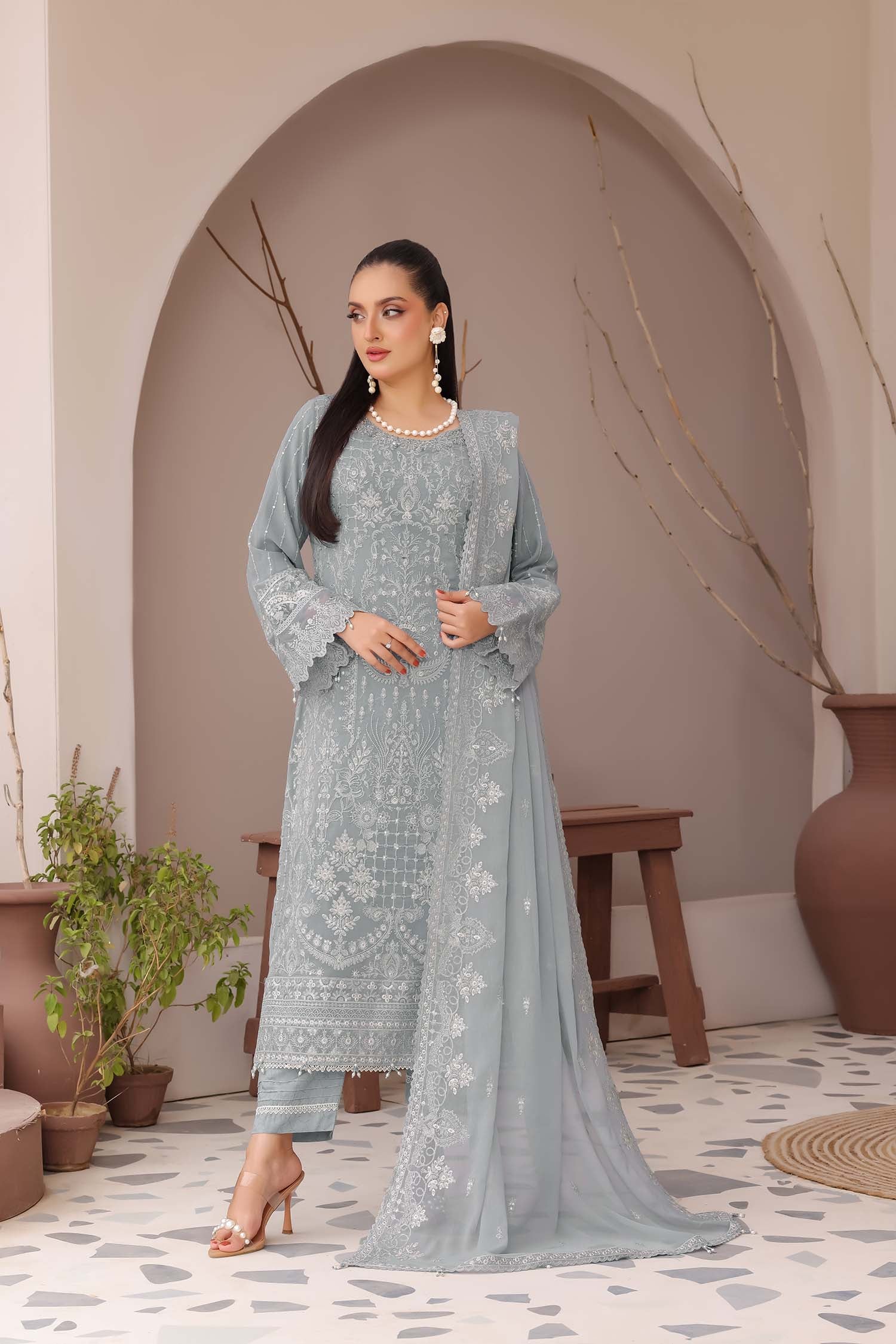 Madaya: Dusty Blue Embroidered Chiffon Suit