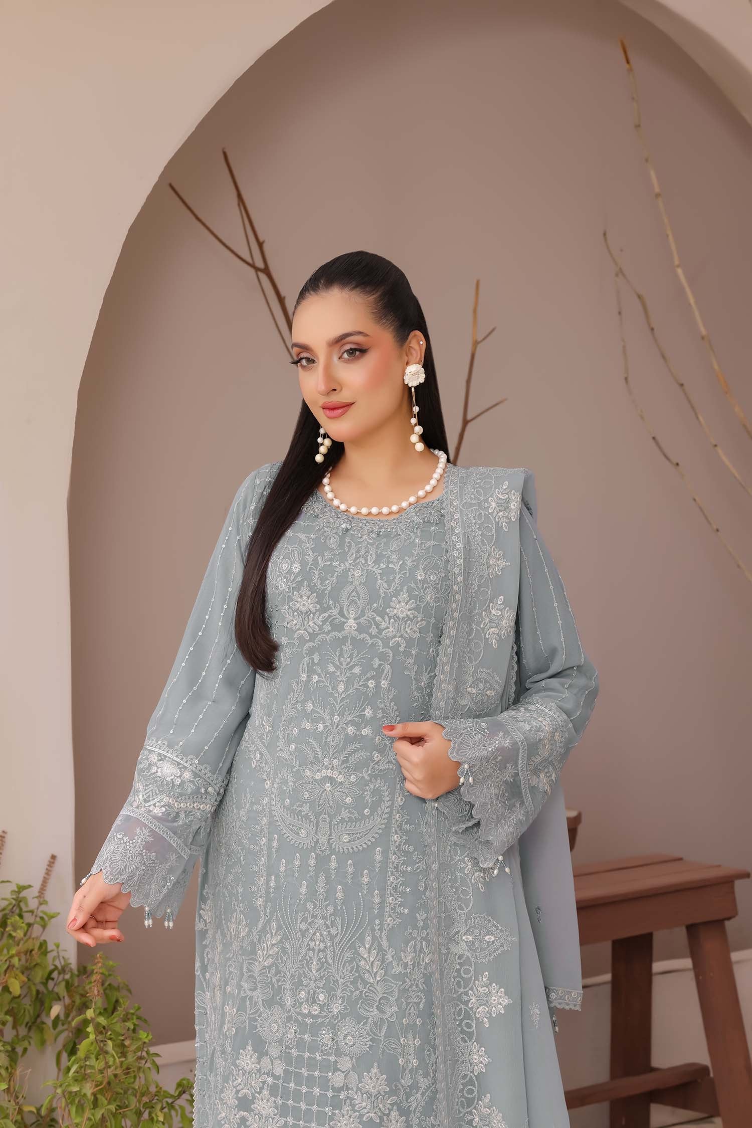 Madaya: Dusty Blue Embroidered Chiffon Suit
