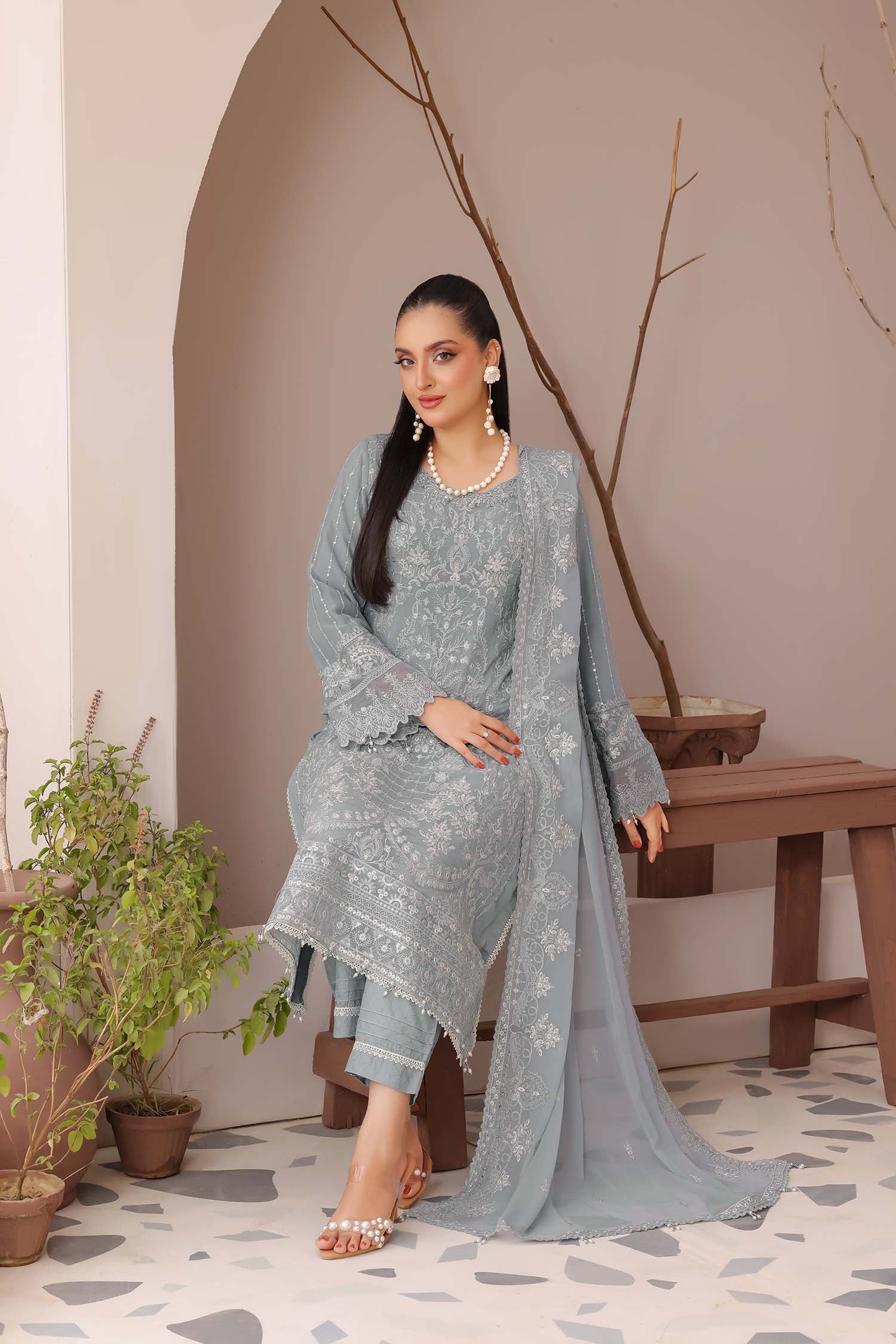 Madaya: Dusty Blue Embroidered Chiffon Suit