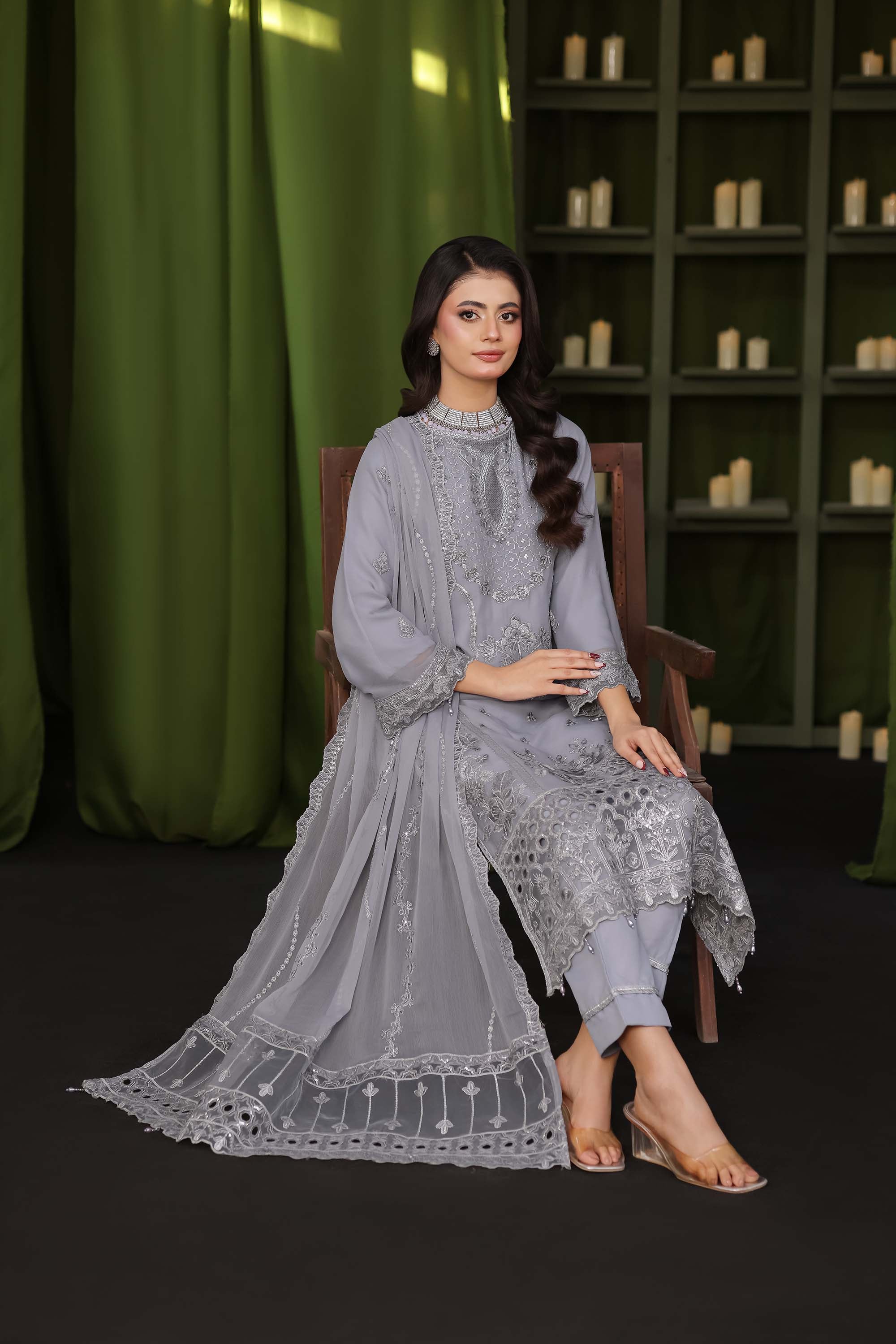 Paris Silk | Embroidered Chiffon Suit – Slate Grey