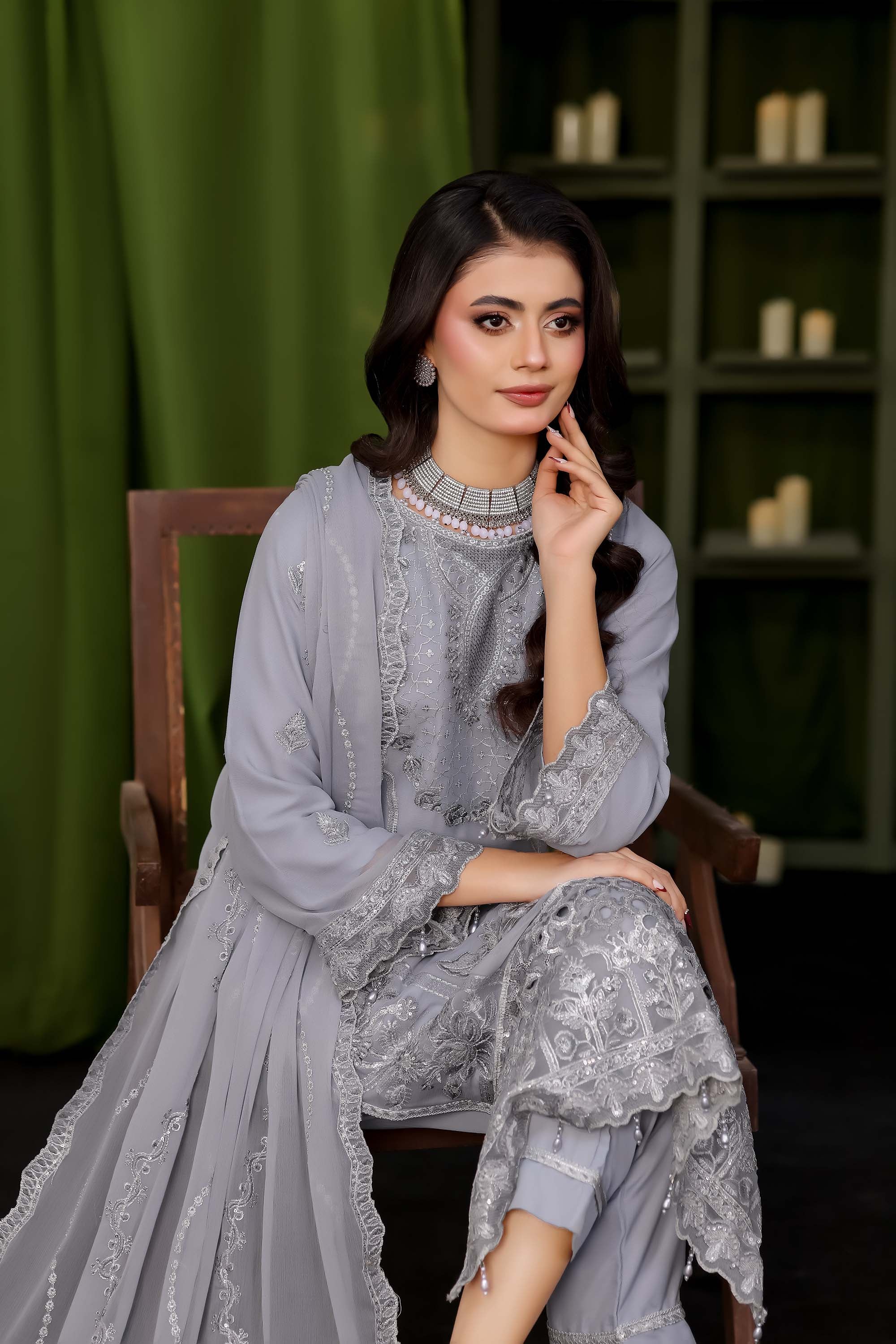 Ashiyana – Ethereal Grey High-Neck Embroidered Suit
