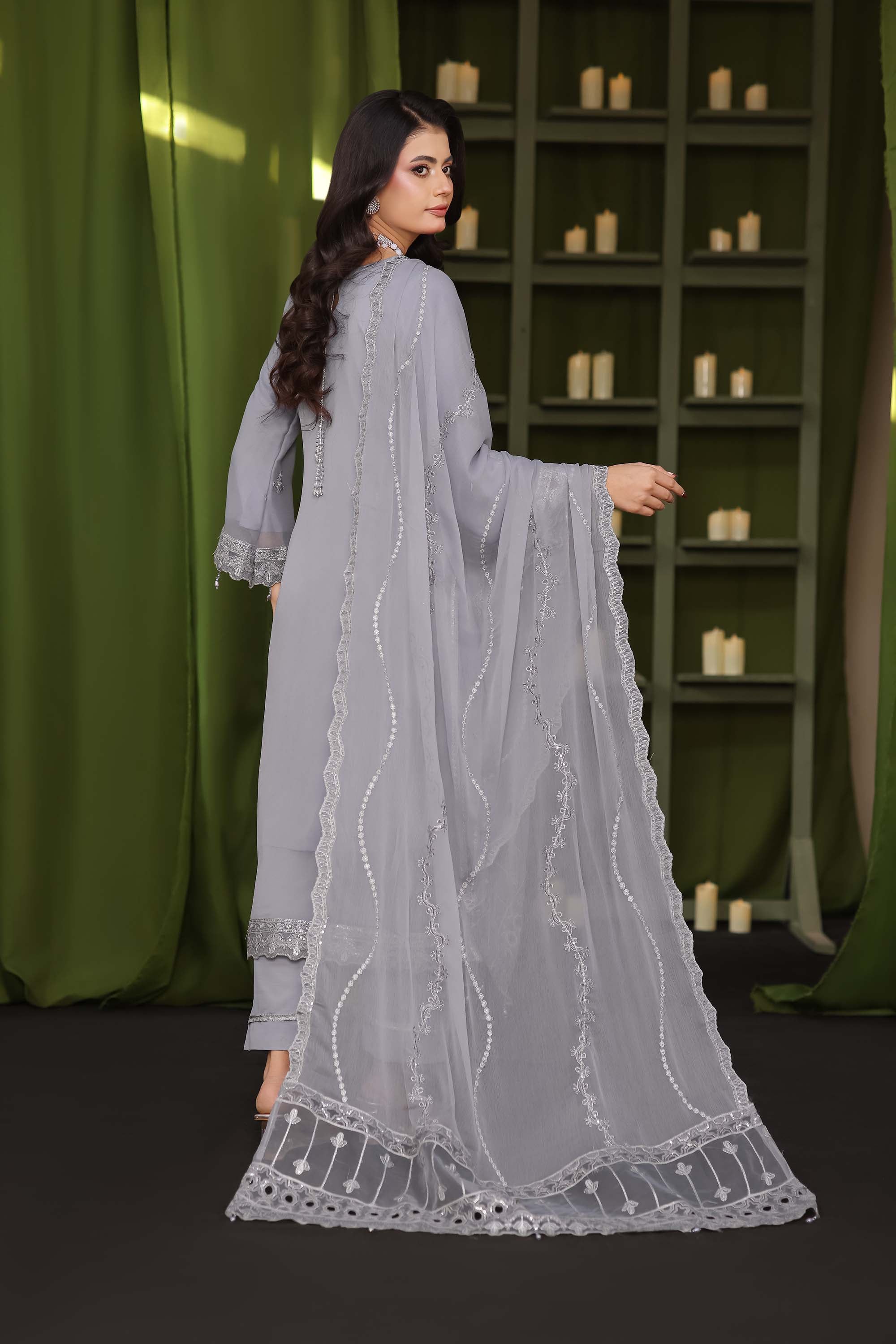 Paris Silk | Embroidered Chiffon Suit – Slate Grey