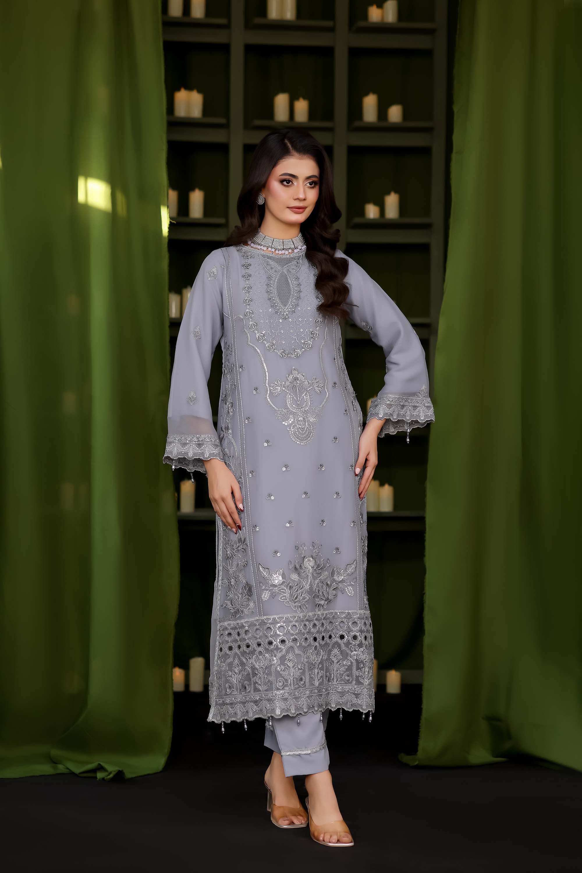 Paris Silk | Embroidered Chiffon Suit – Slate Grey