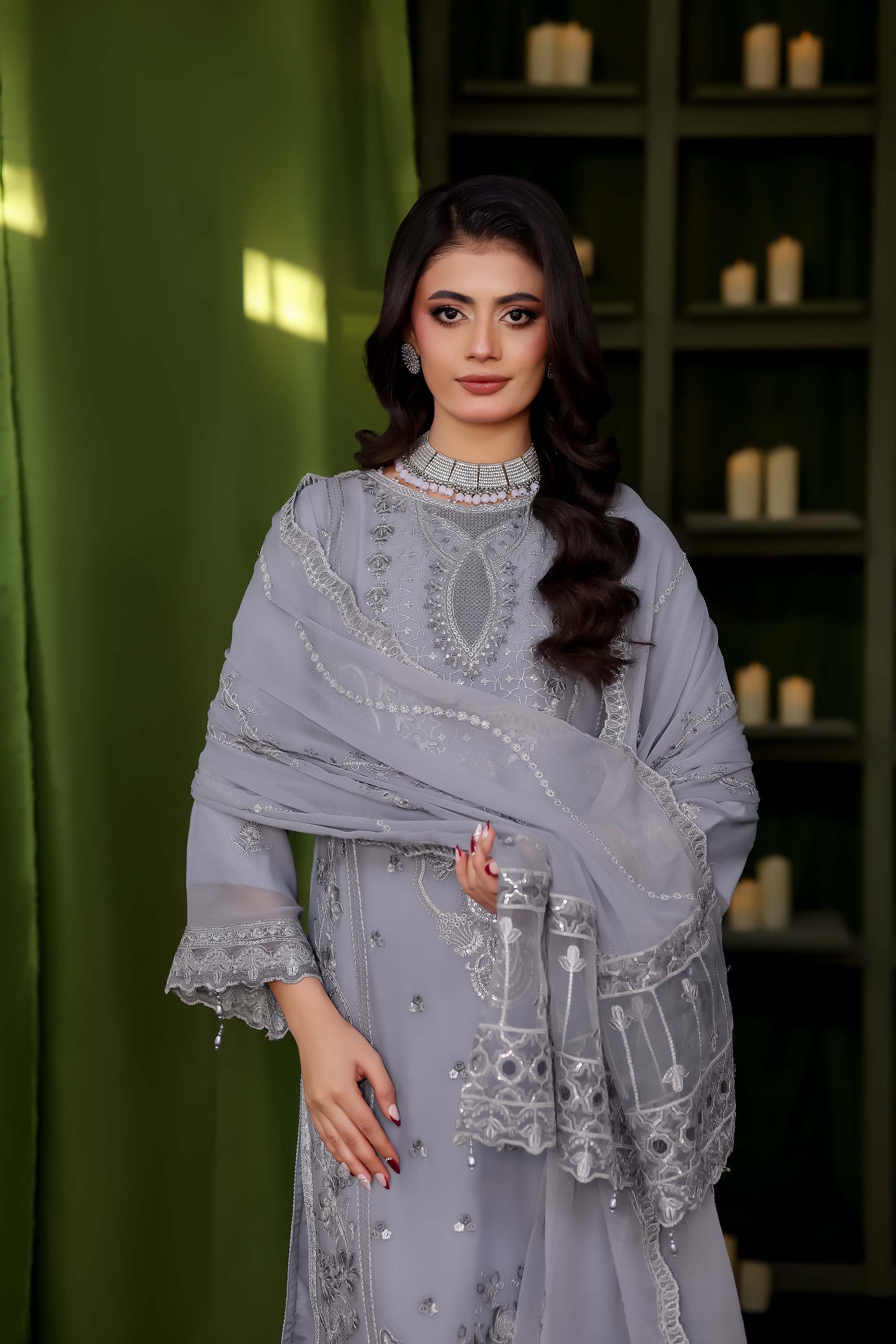 Paris Silk | Embroidered Chiffon Suit – Slate Grey