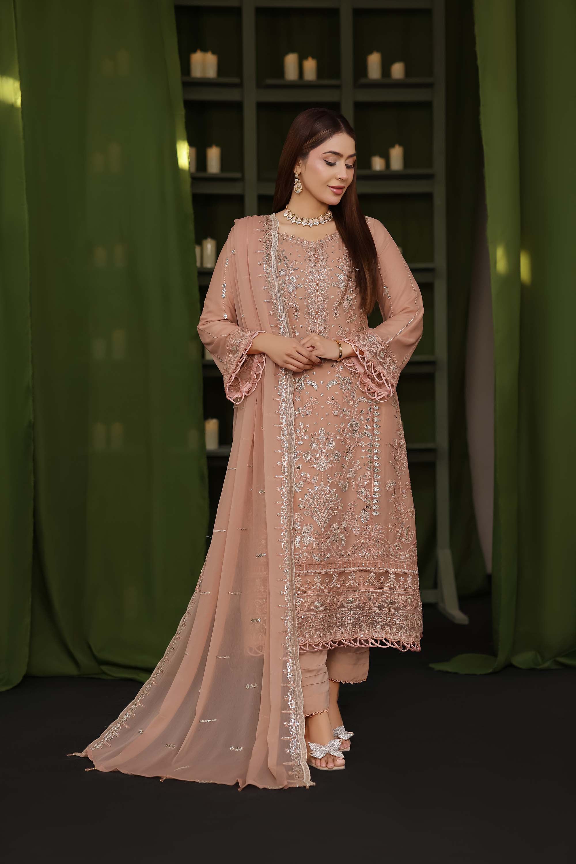 Ashiyana – Embroidered Chiffon Ensemble in Peach Sorbet