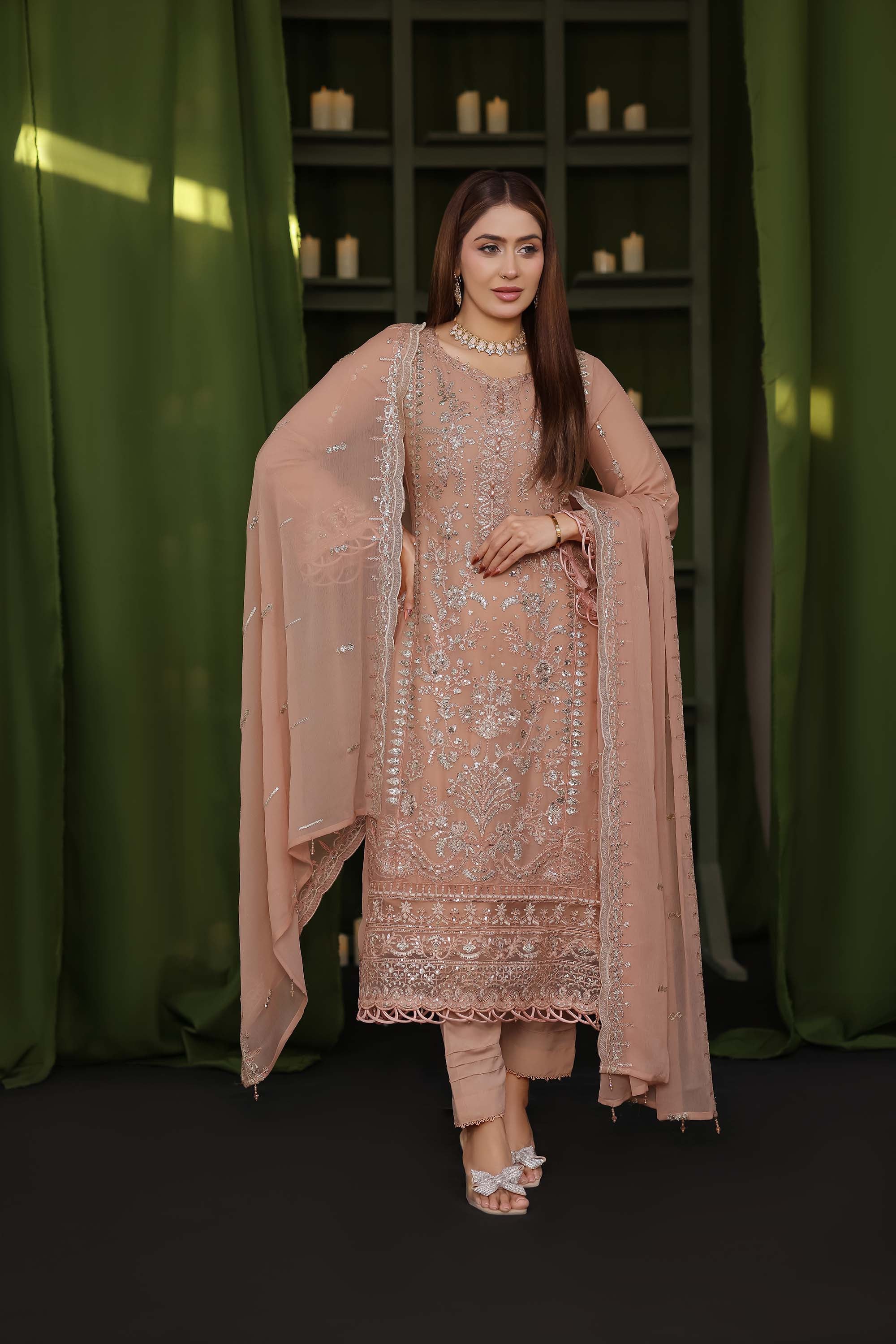 Paris Silk | Embroidered Chiffon Suit – Peach Nectar