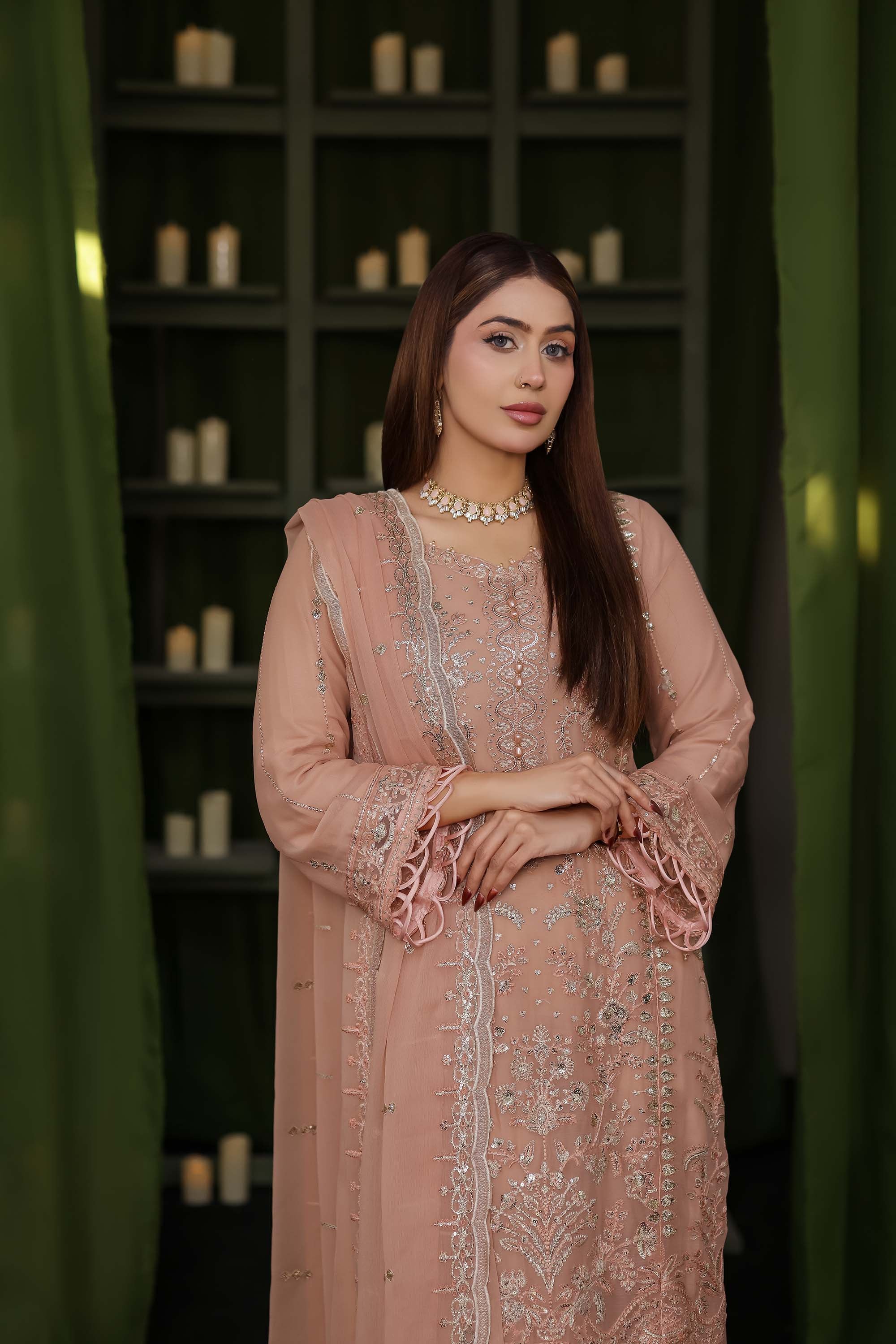 Ashiyana – Embroidered Chiffon Ensemble in Peach Sorbet