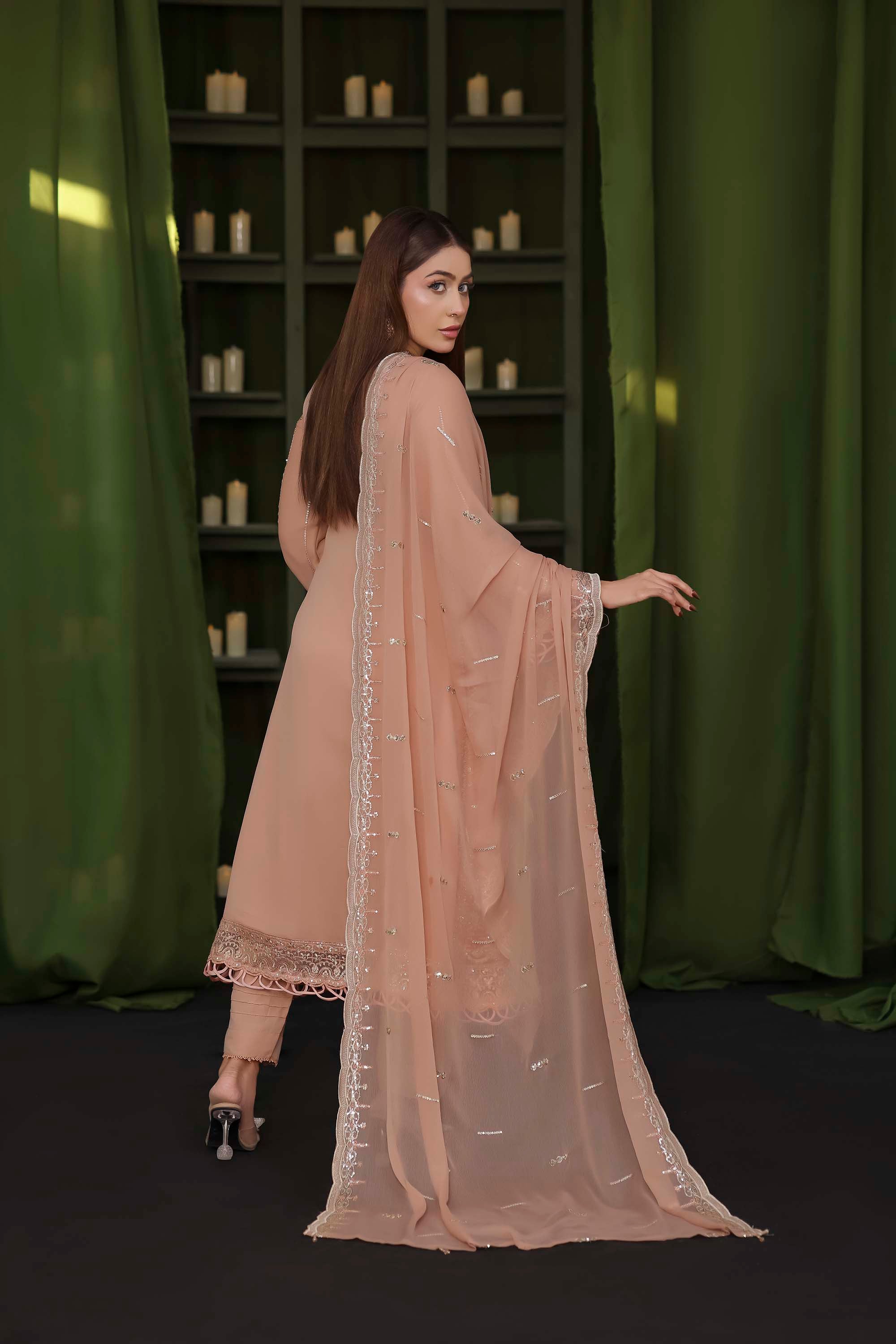Ashiyana – Embroidered Chiffon Ensemble in Peach Sorbet