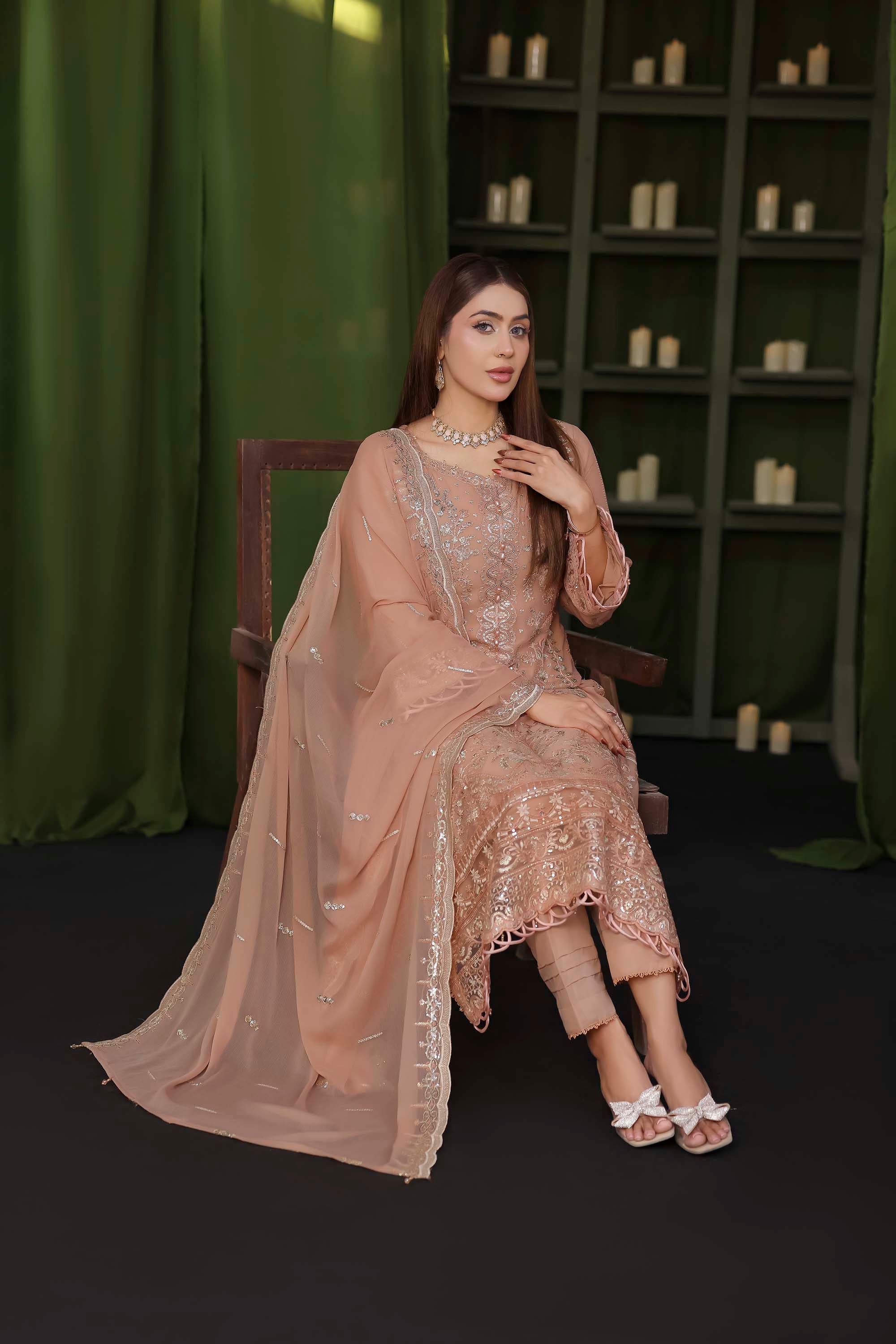 Ashiyana – Embroidered Chiffon Ensemble in Peach Sorbet