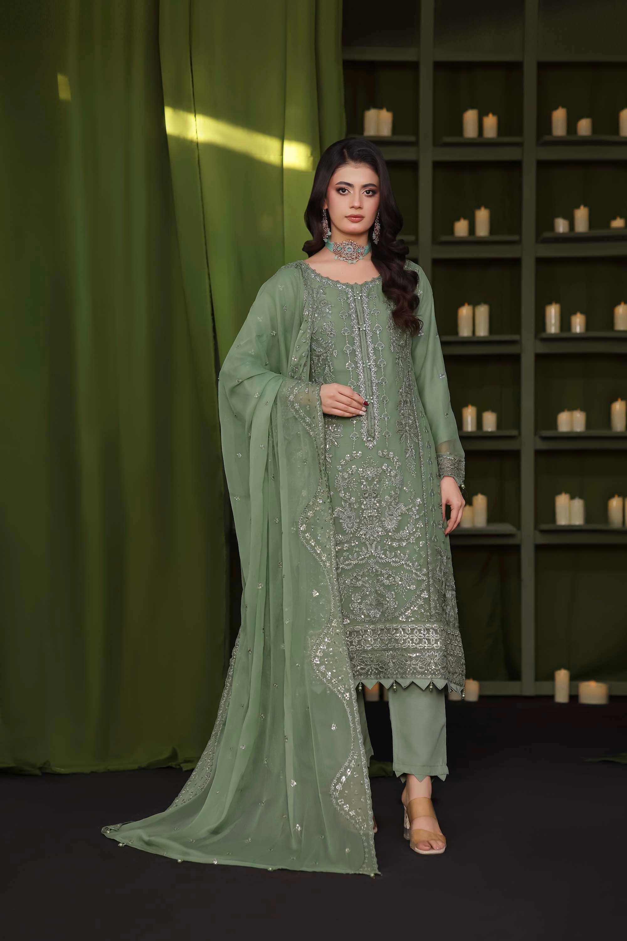 Paris Silk | Embroidered Chiffon Suit – Sage Green