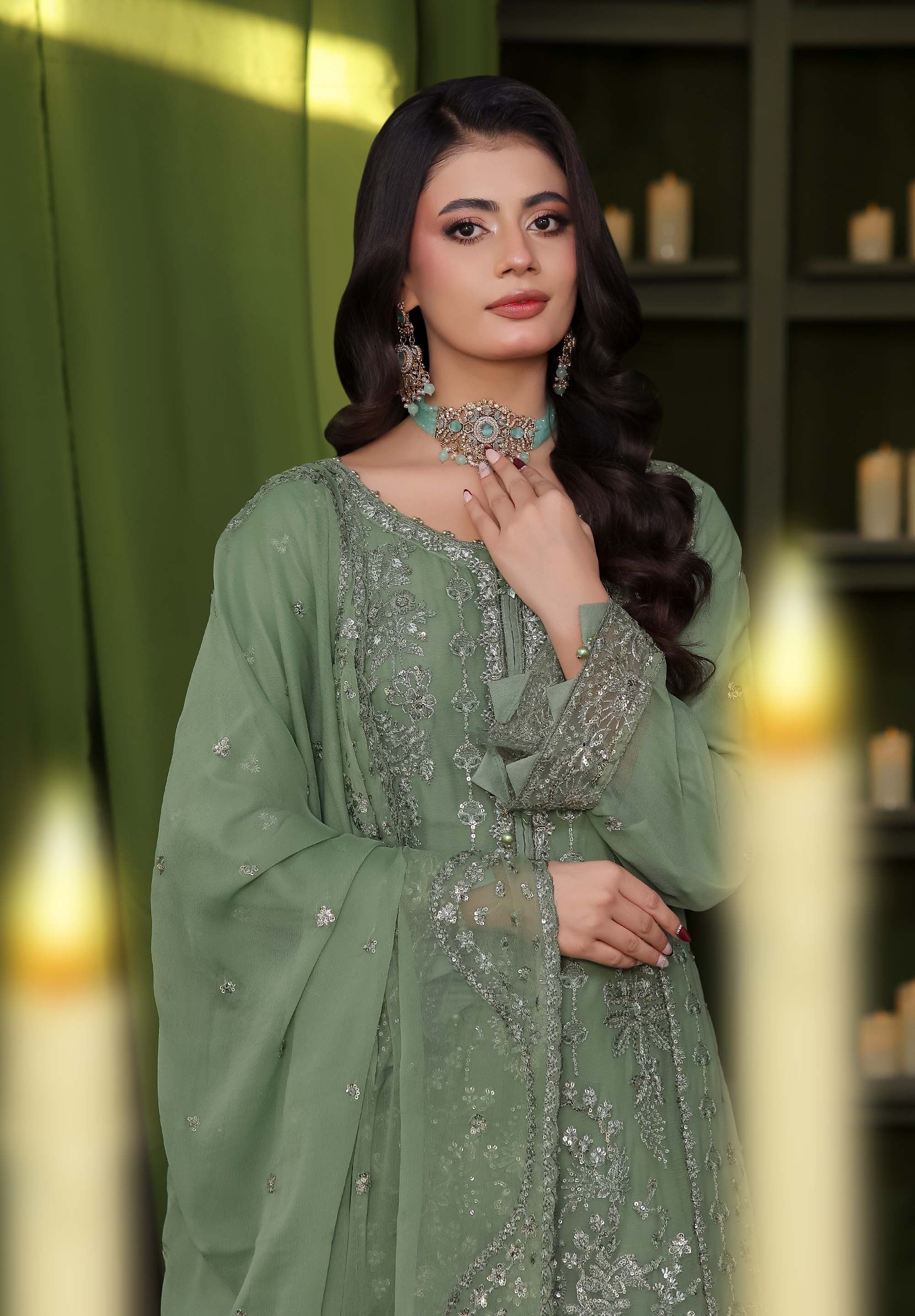 Paris Silk | Embroidered Chiffon Suit – Sage Green
