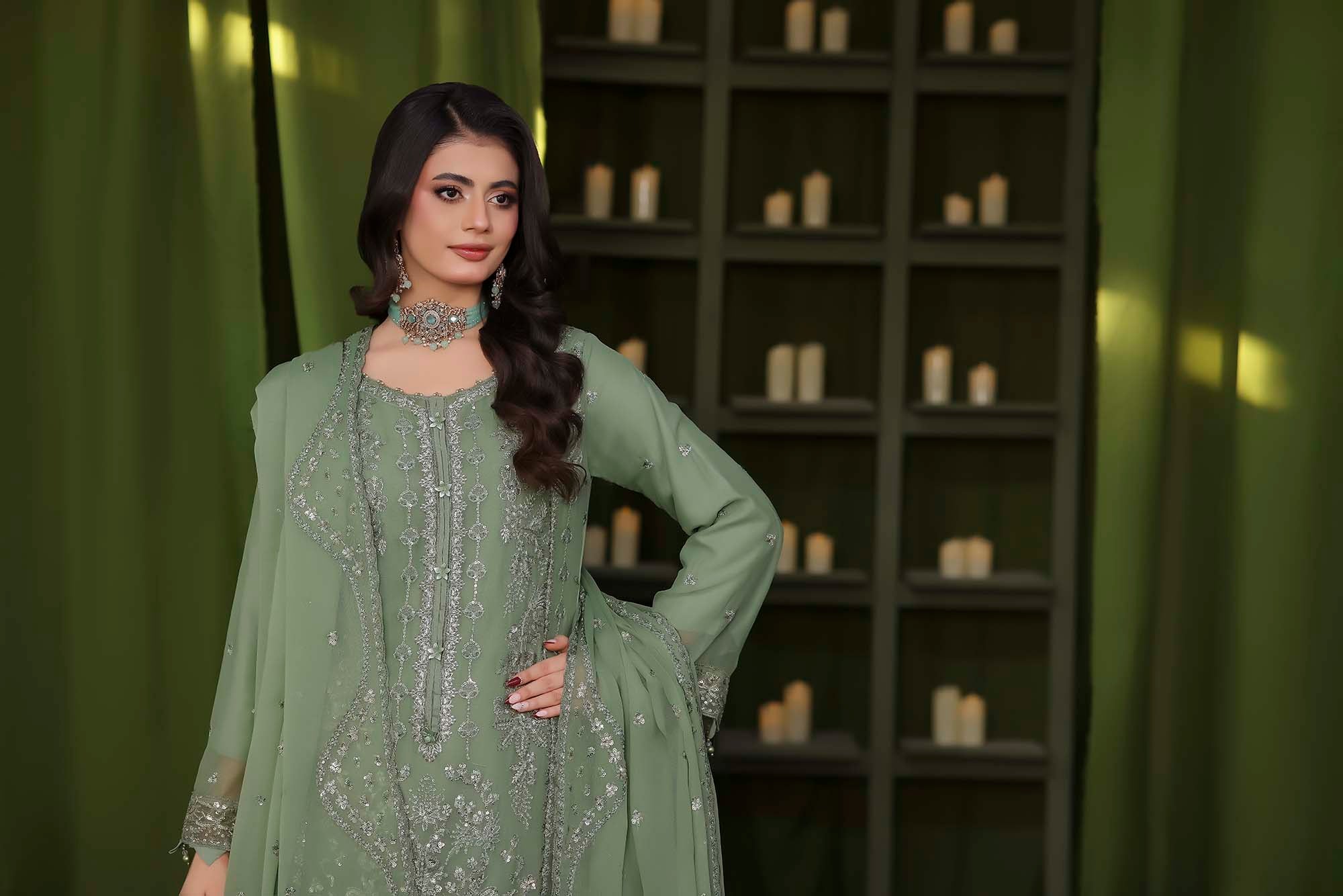 Paris Silk | Embroidered Chiffon Suit – Sage Green
