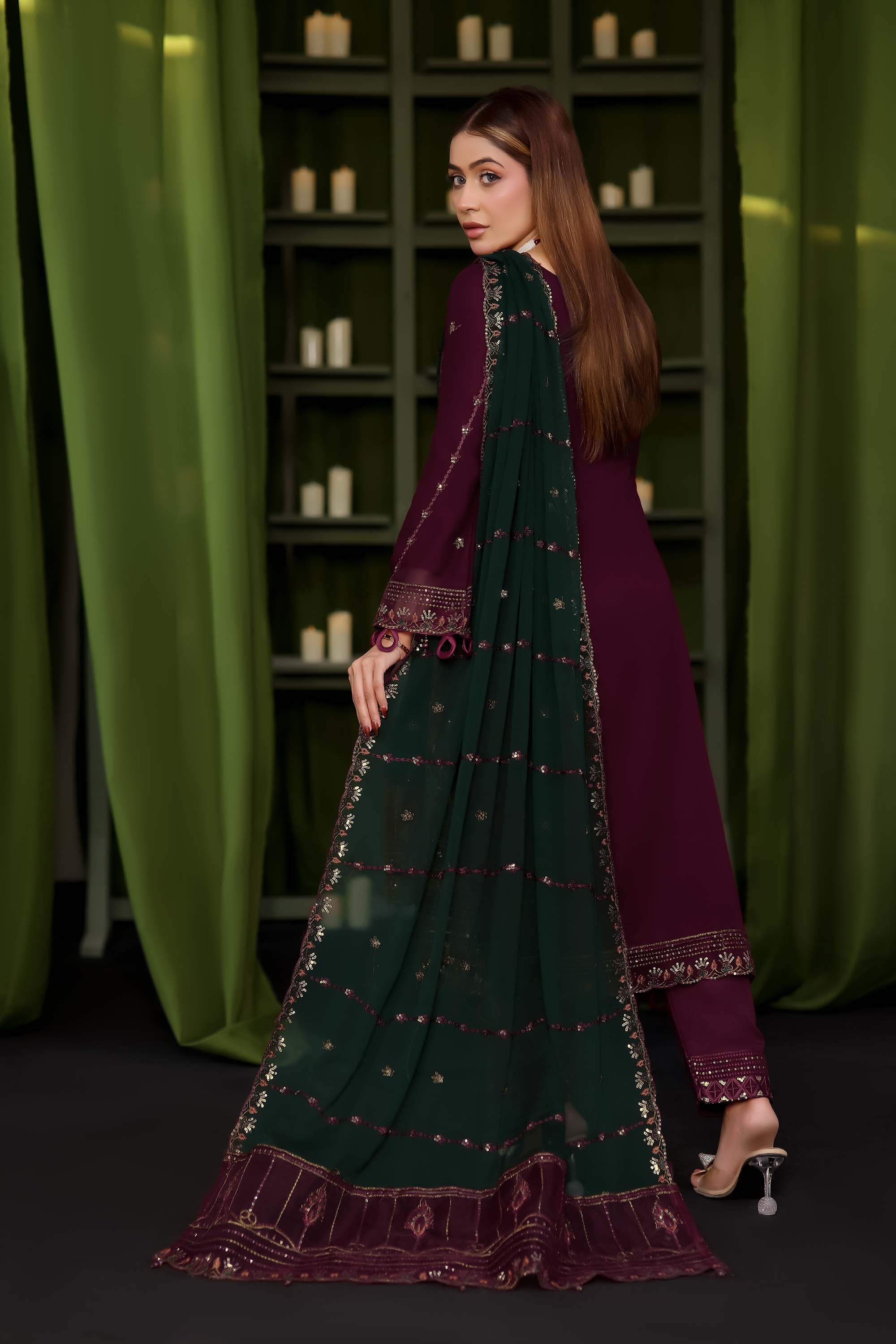 LA GRACE – Embroidered Plum & Forest Green Chiffon Suit