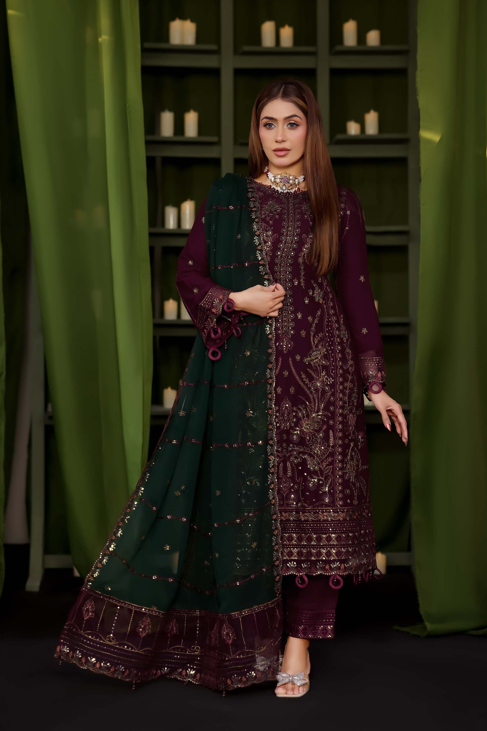 LA GRACE – Embroidered Plum & Forest Green Chiffon Suit