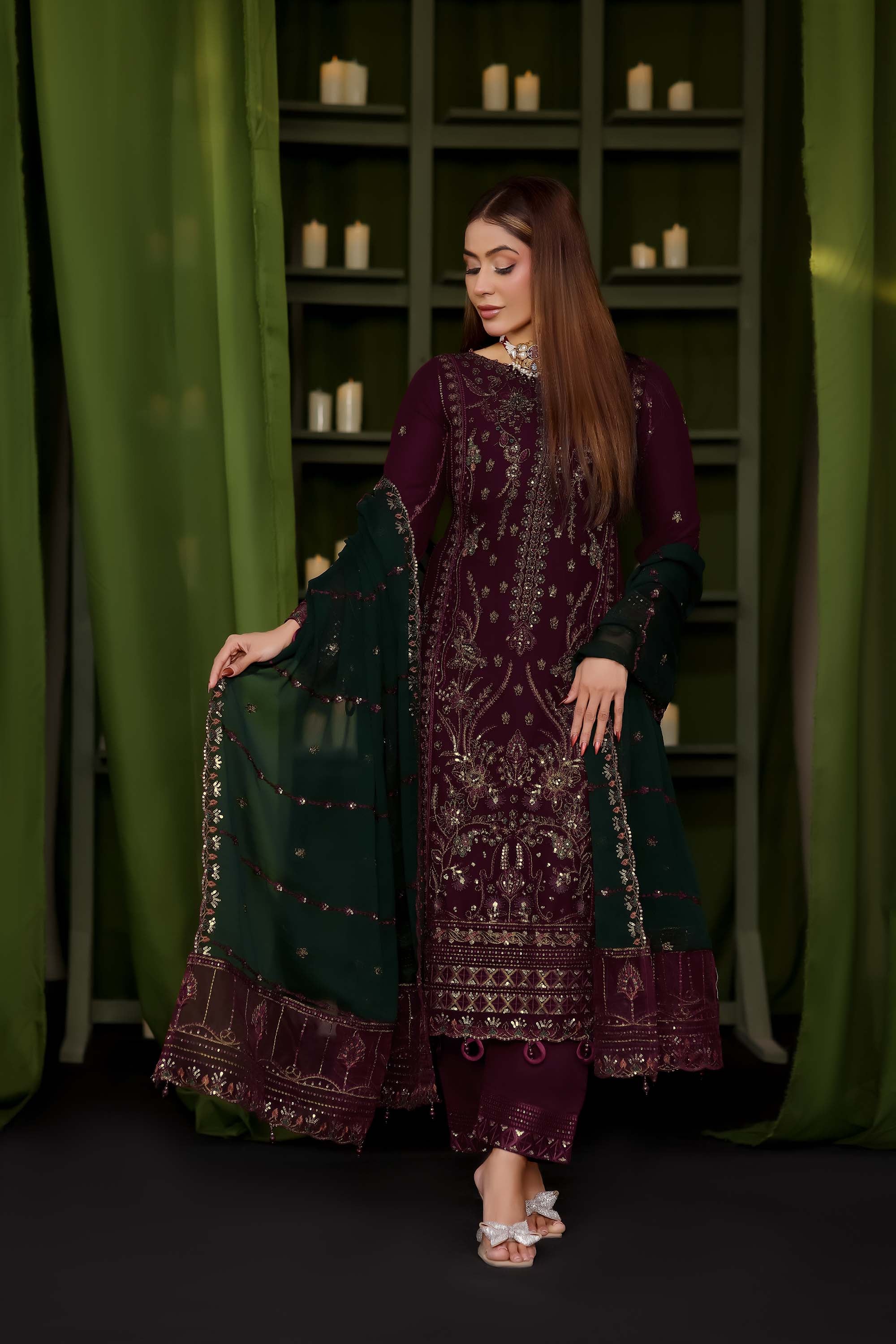 LA GRACE – Embroidered Plum & Forest Green Chiffon Suit