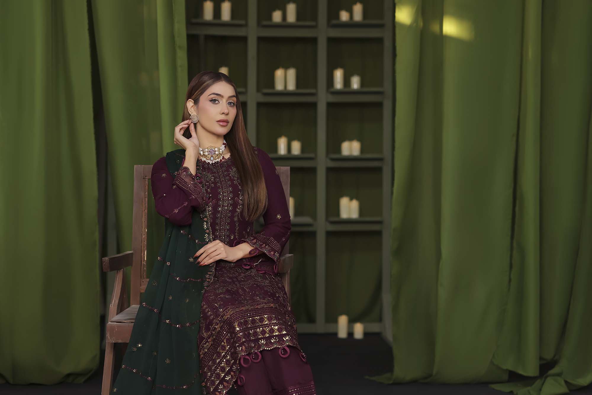 LA GRACE – Embroidered Plum & Forest Green Chiffon Suit