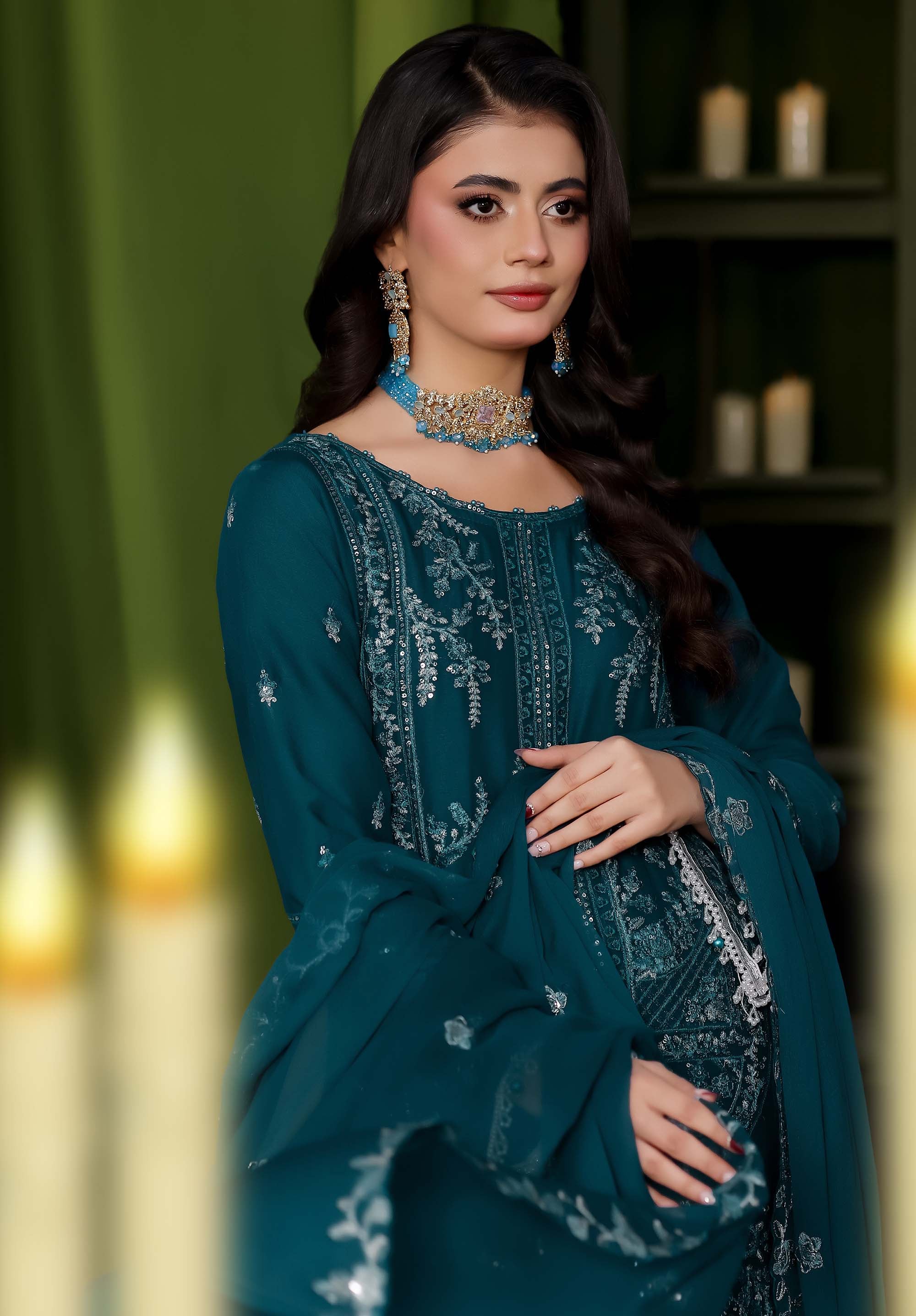 LA GRACE – Teal Blue Embroidered Luxury Formal Suit