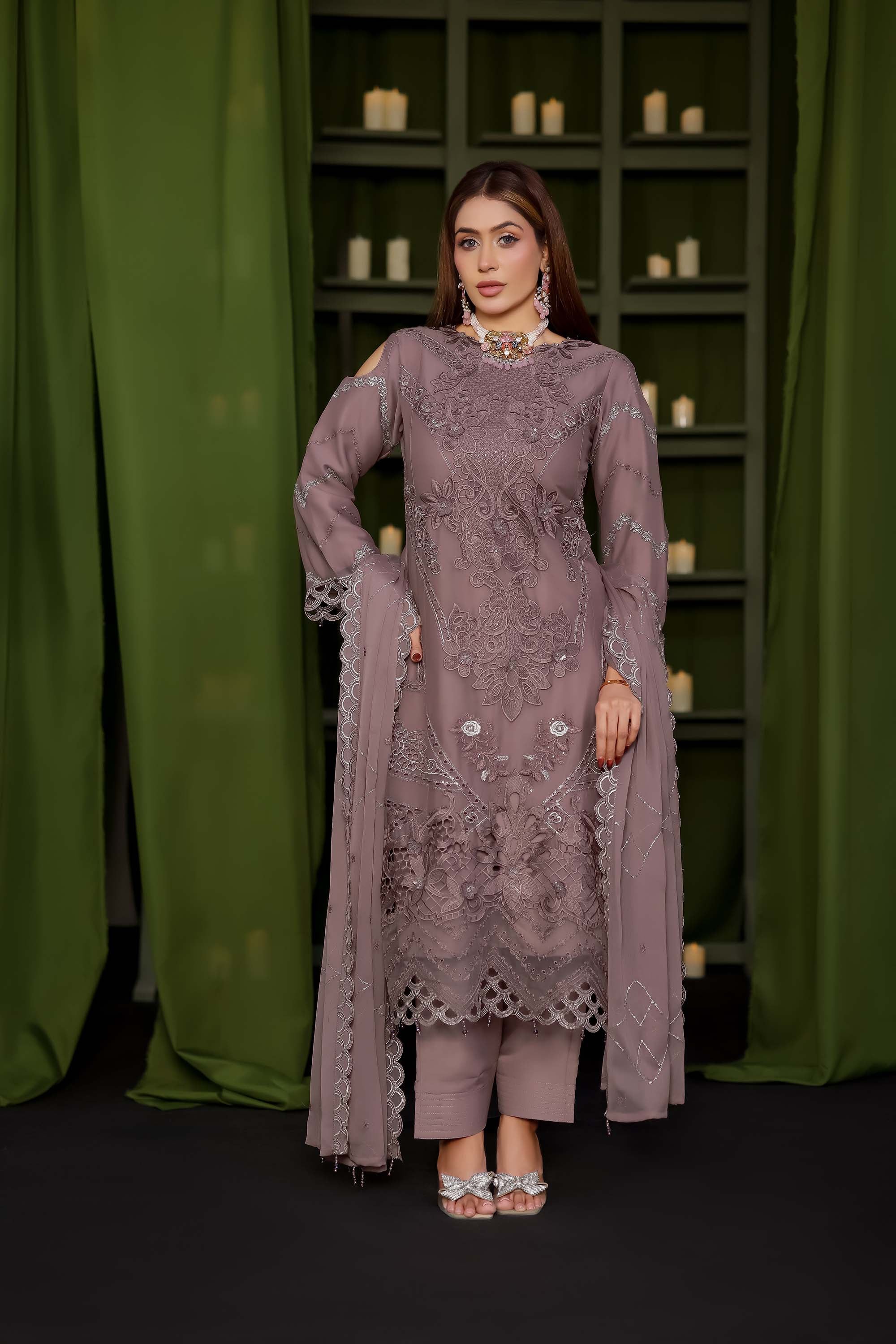 Naura - Dusty Mauve Floral Embroidered Suit