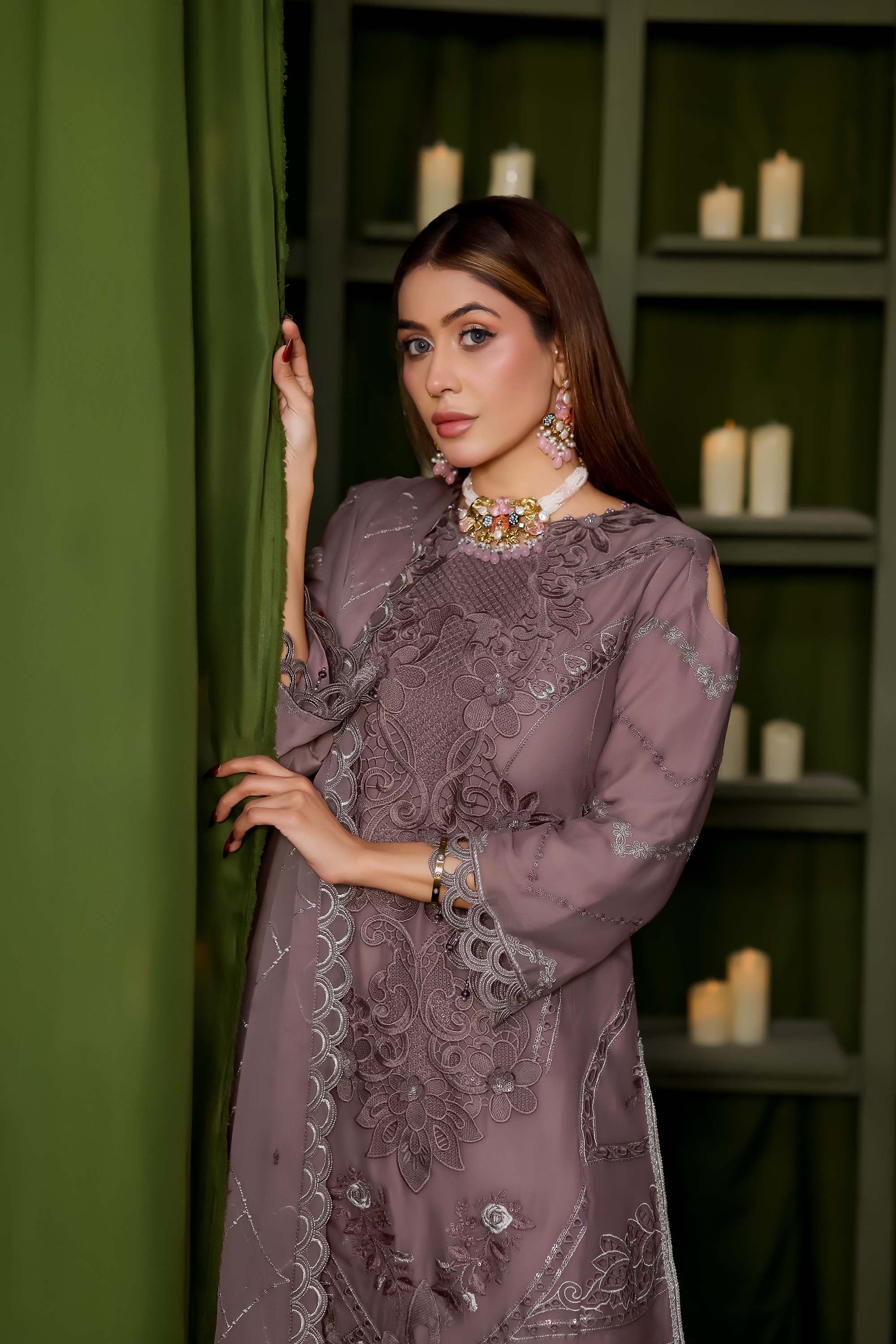 Naura - Dusty Mauve Floral Embroidered Suit