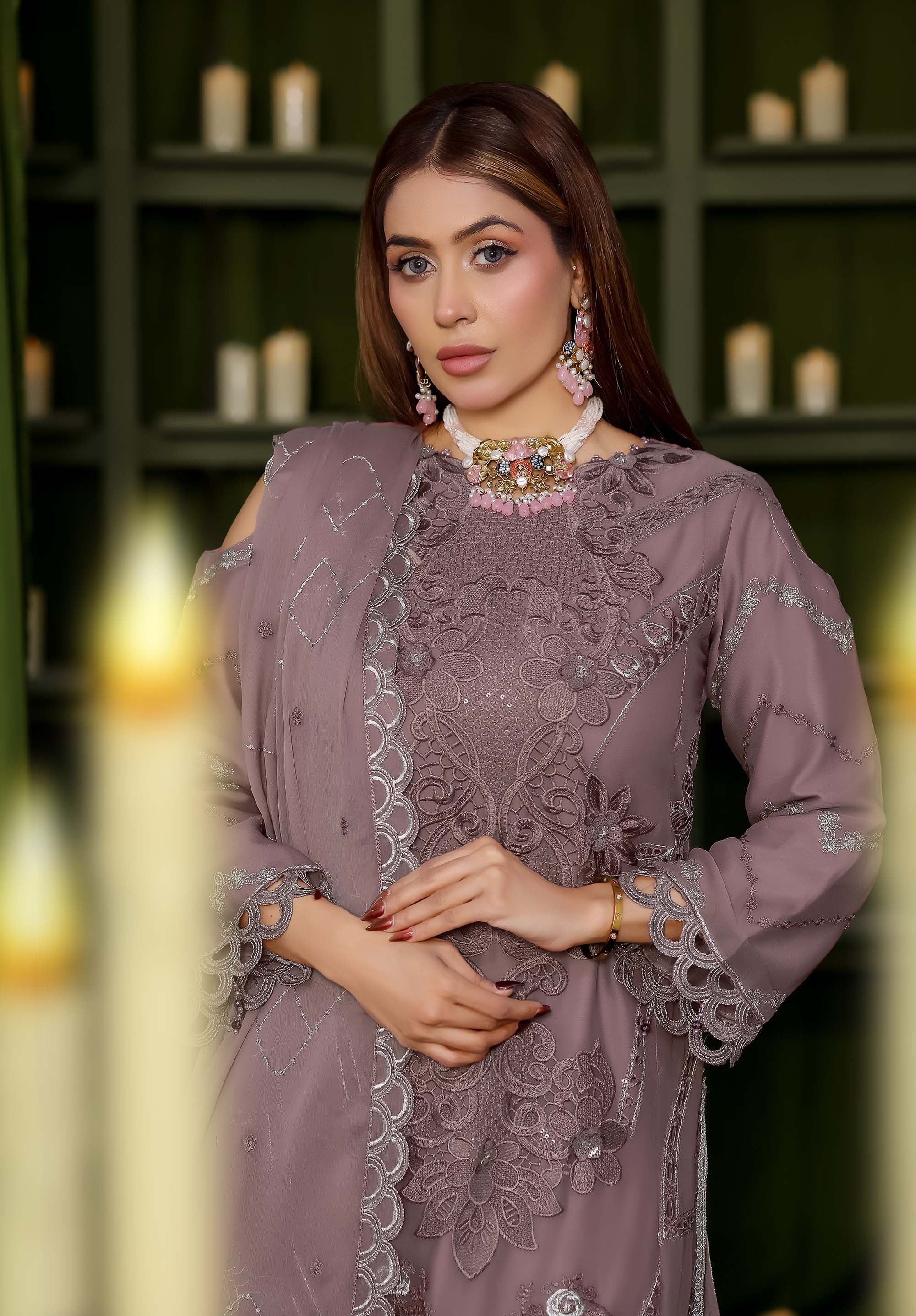 Naura - Dusty Mauve Floral Embroidered Suit