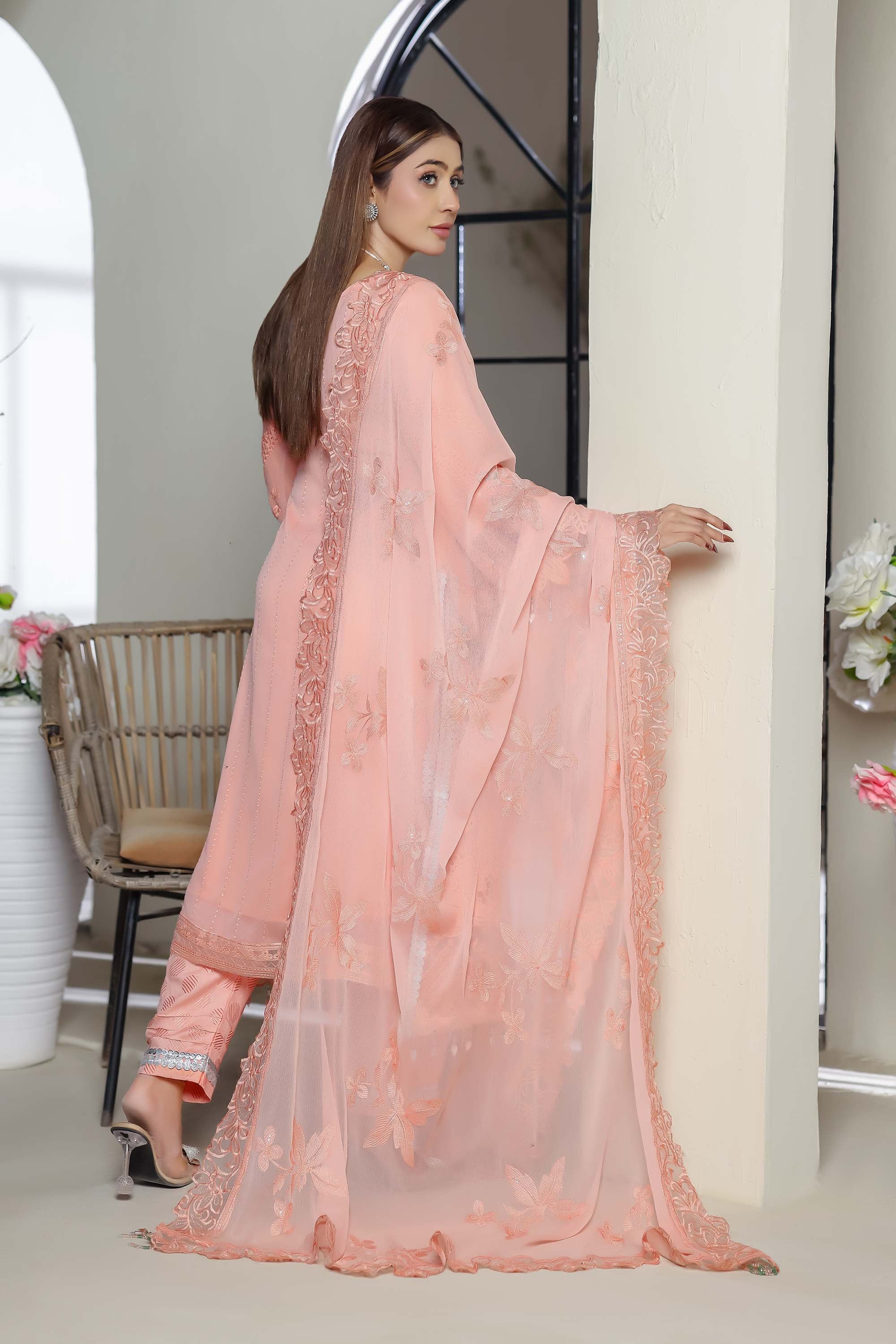 Zaib-o-Zeenat Embroidered Organza – Peachy Coral
