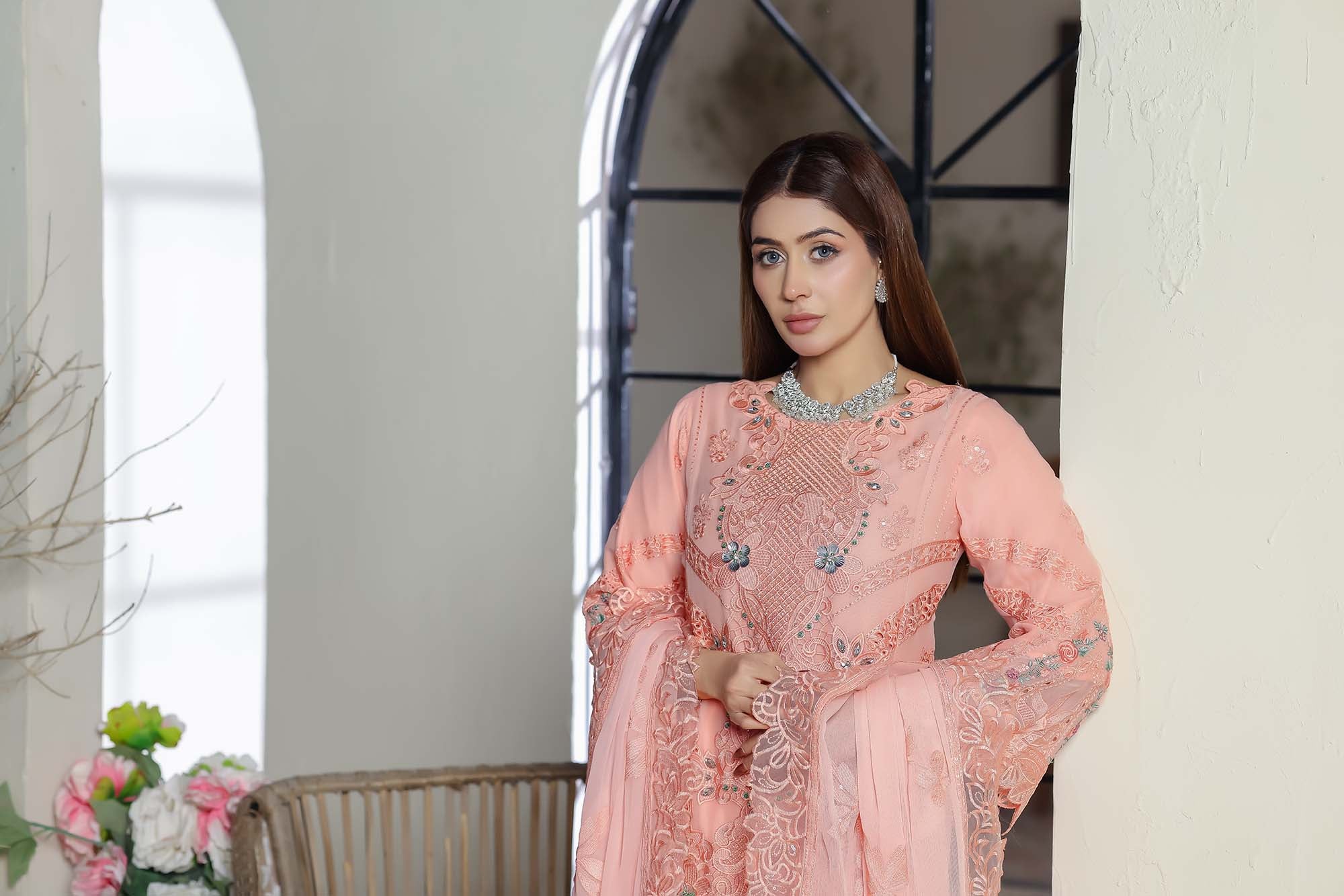 Zaib-o-Zeenat Embroidered Organza – Peachy Coral