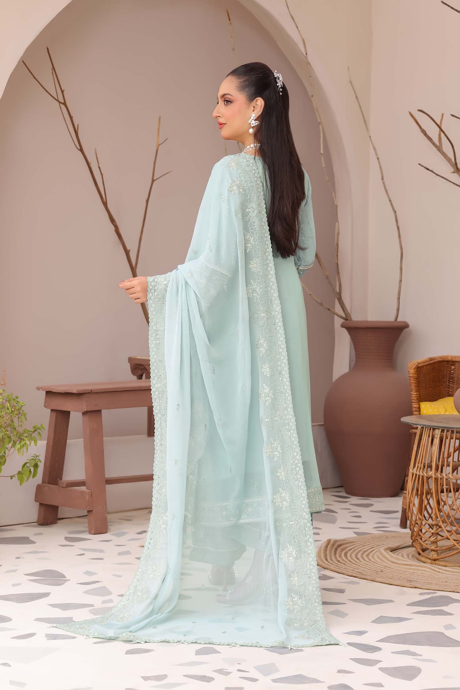 Madaya: Pale Sky Blue Embroidered Chiffon Suit