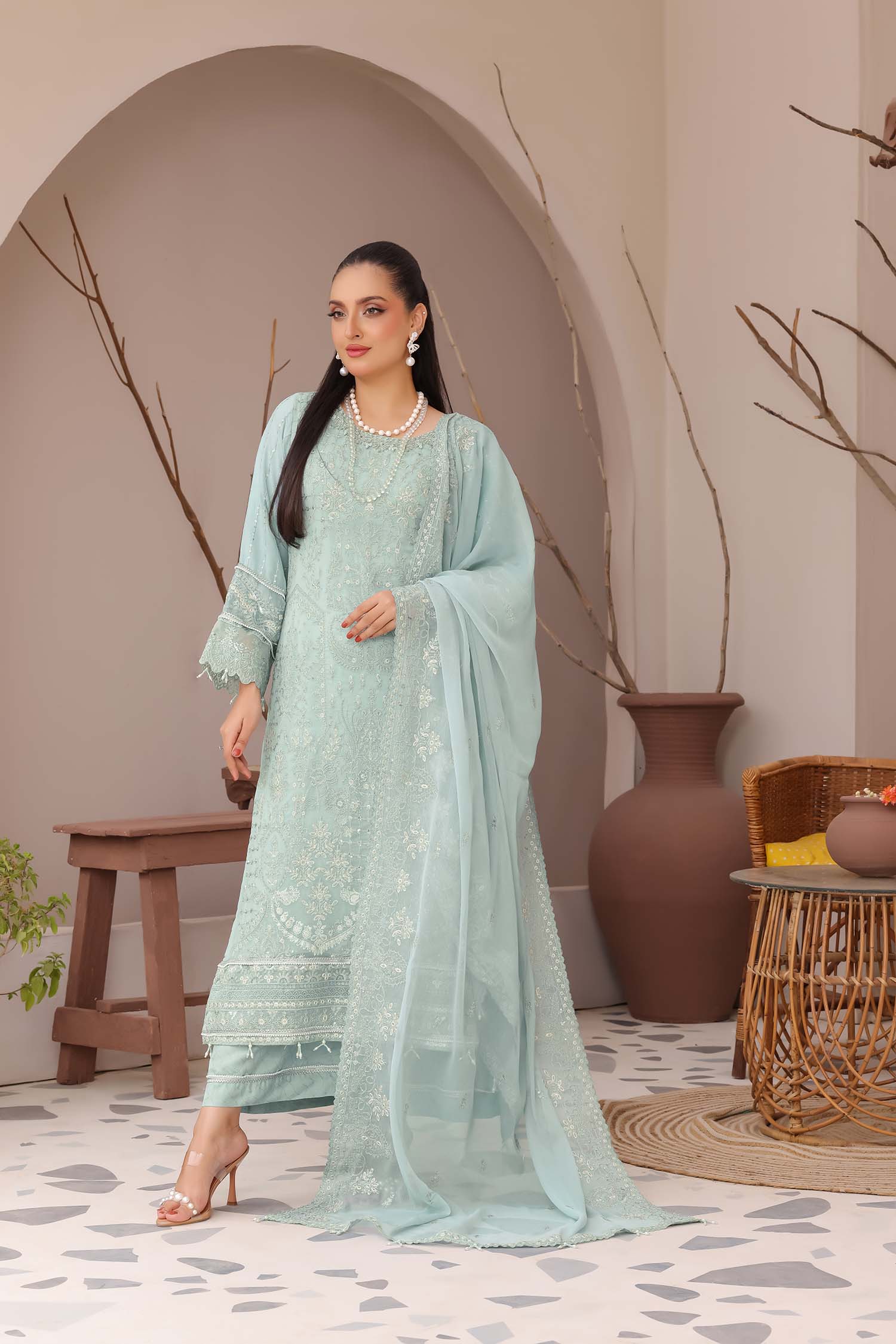 Madaya: Pale Sky Blue Embroidered Chiffon Suit