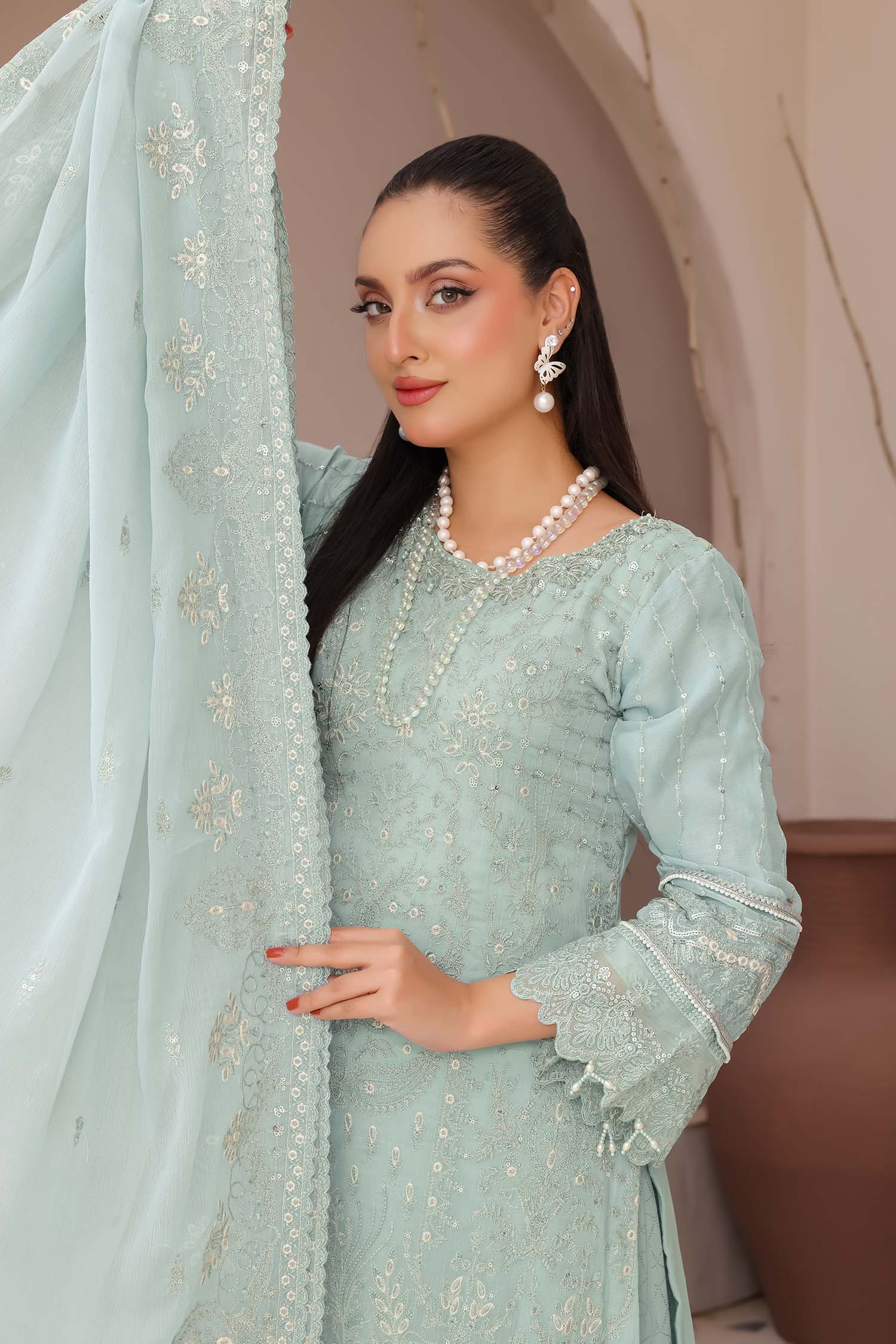 Madaya: Pale Sky Blue Embroidered Chiffon Suit