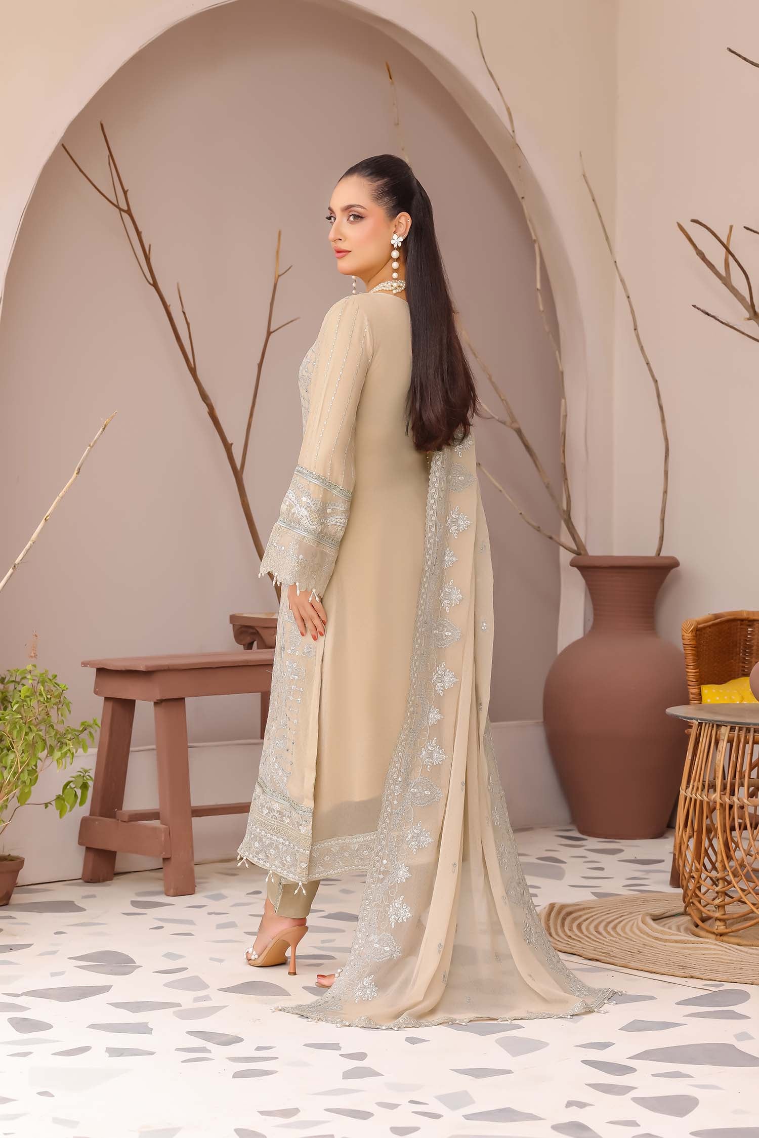 Madaya: Taupe Beige Embroidered Chiffon Formal Suit