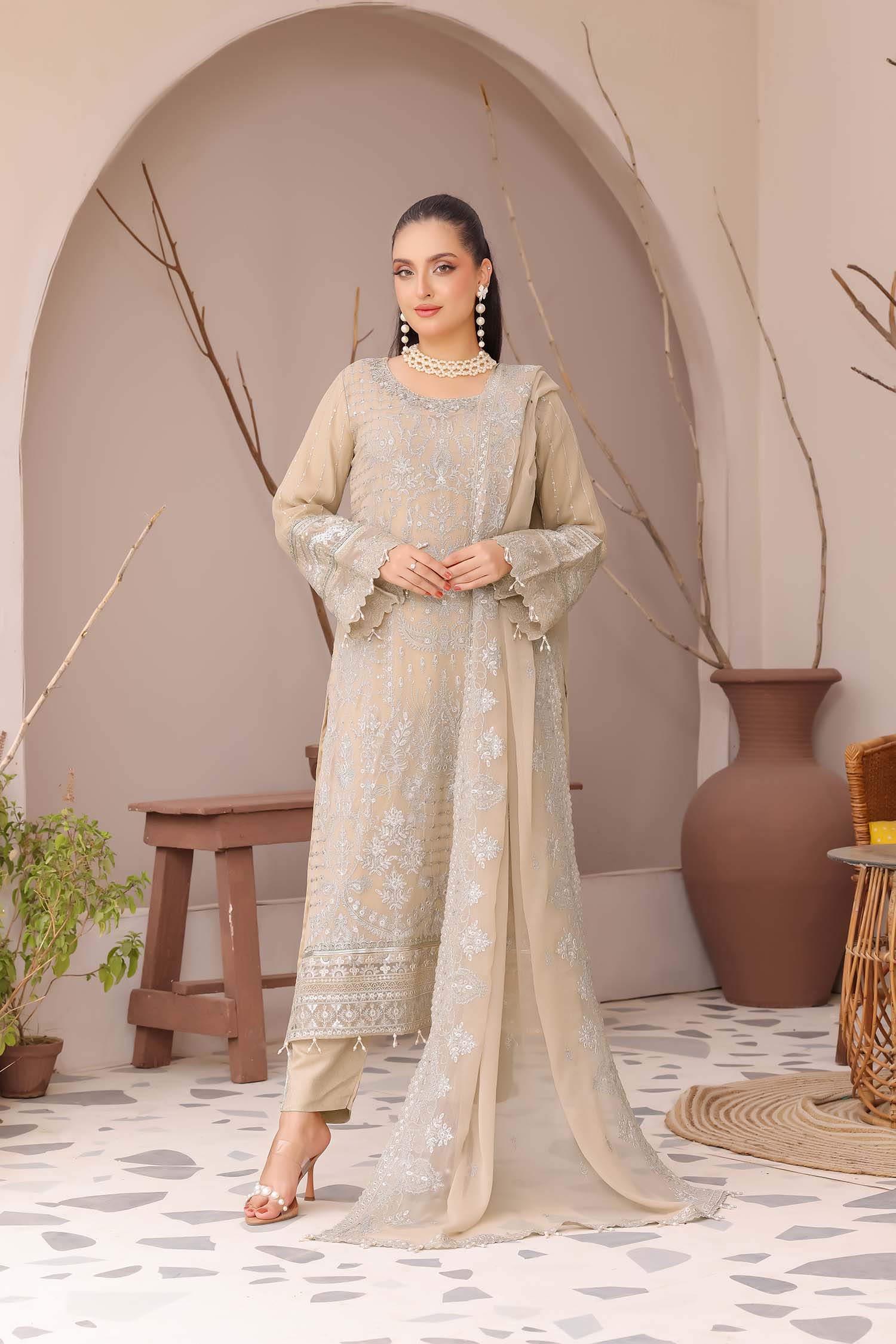Madaya: Taupe Beige Embroidered Chiffon Formal Suit