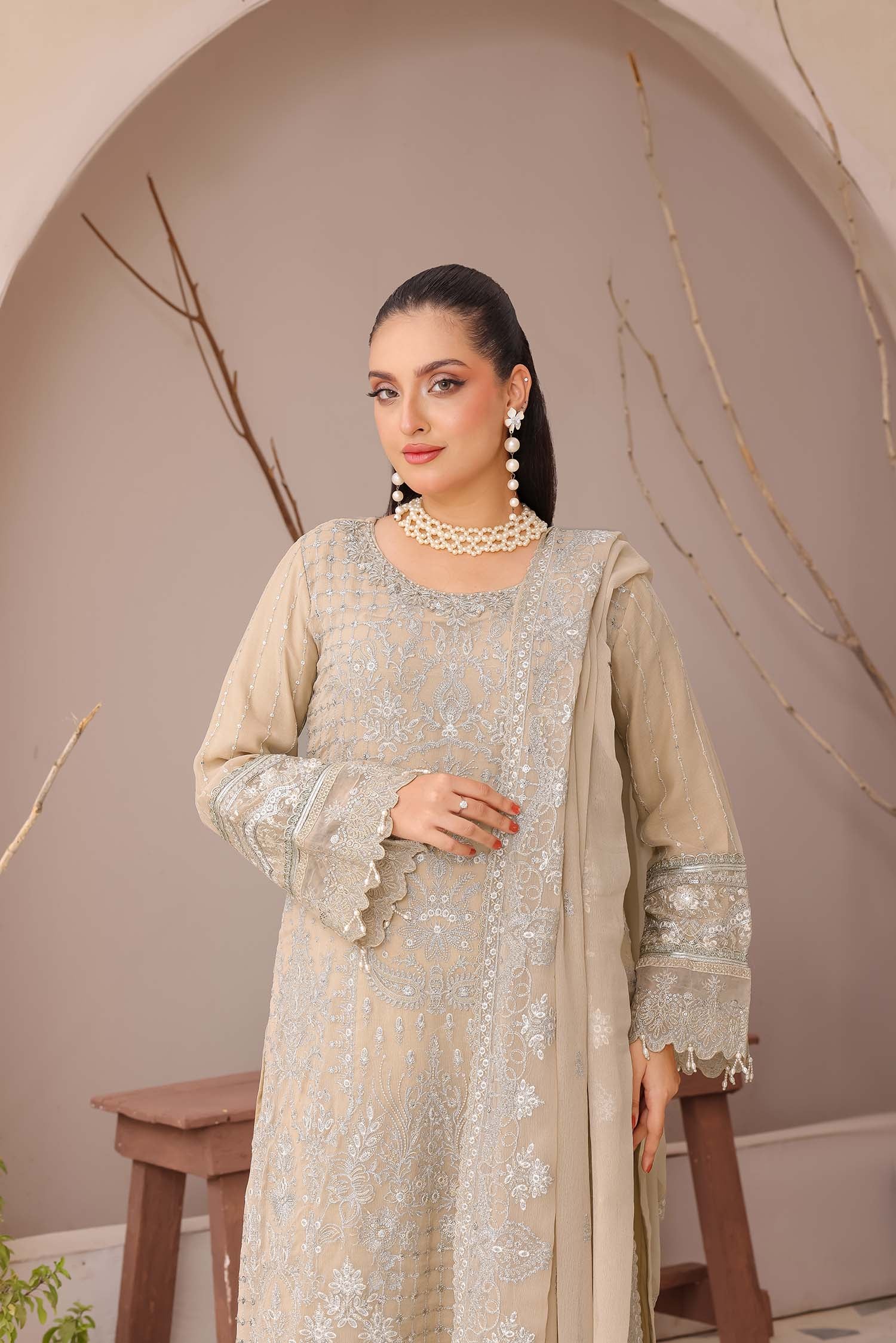 Madaya: Taupe Beige Embroidered Chiffon Formal Suit