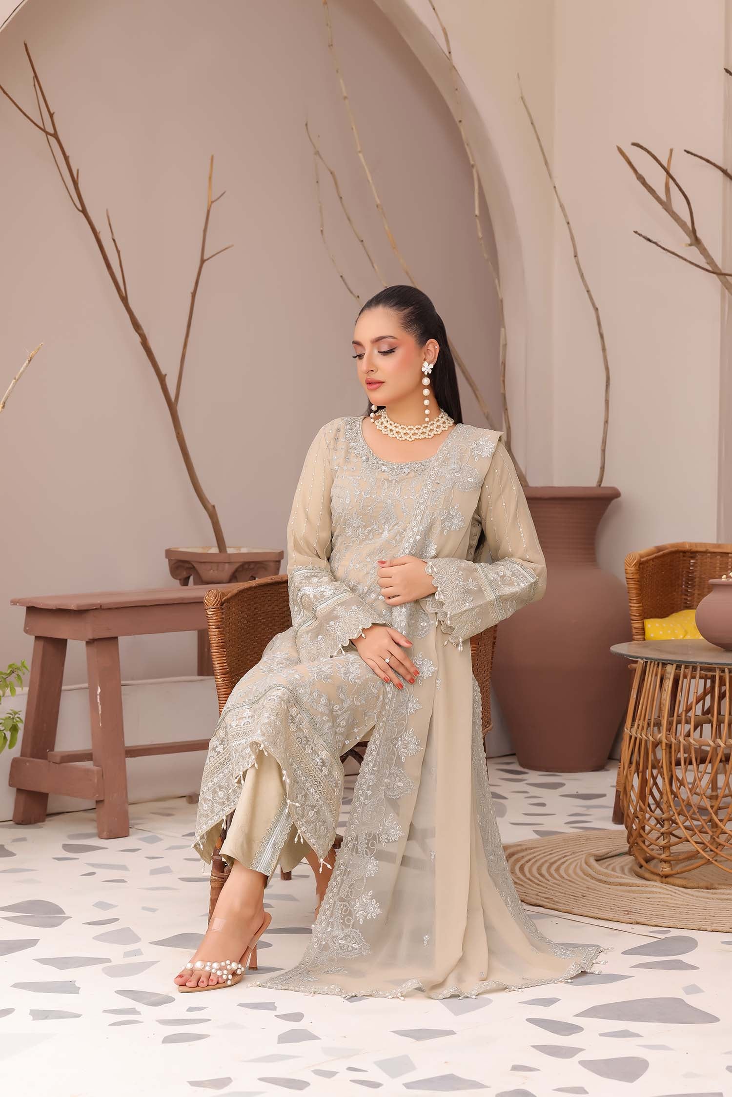 Madaya: Taupe Beige Embroidered Chiffon Formal Suit