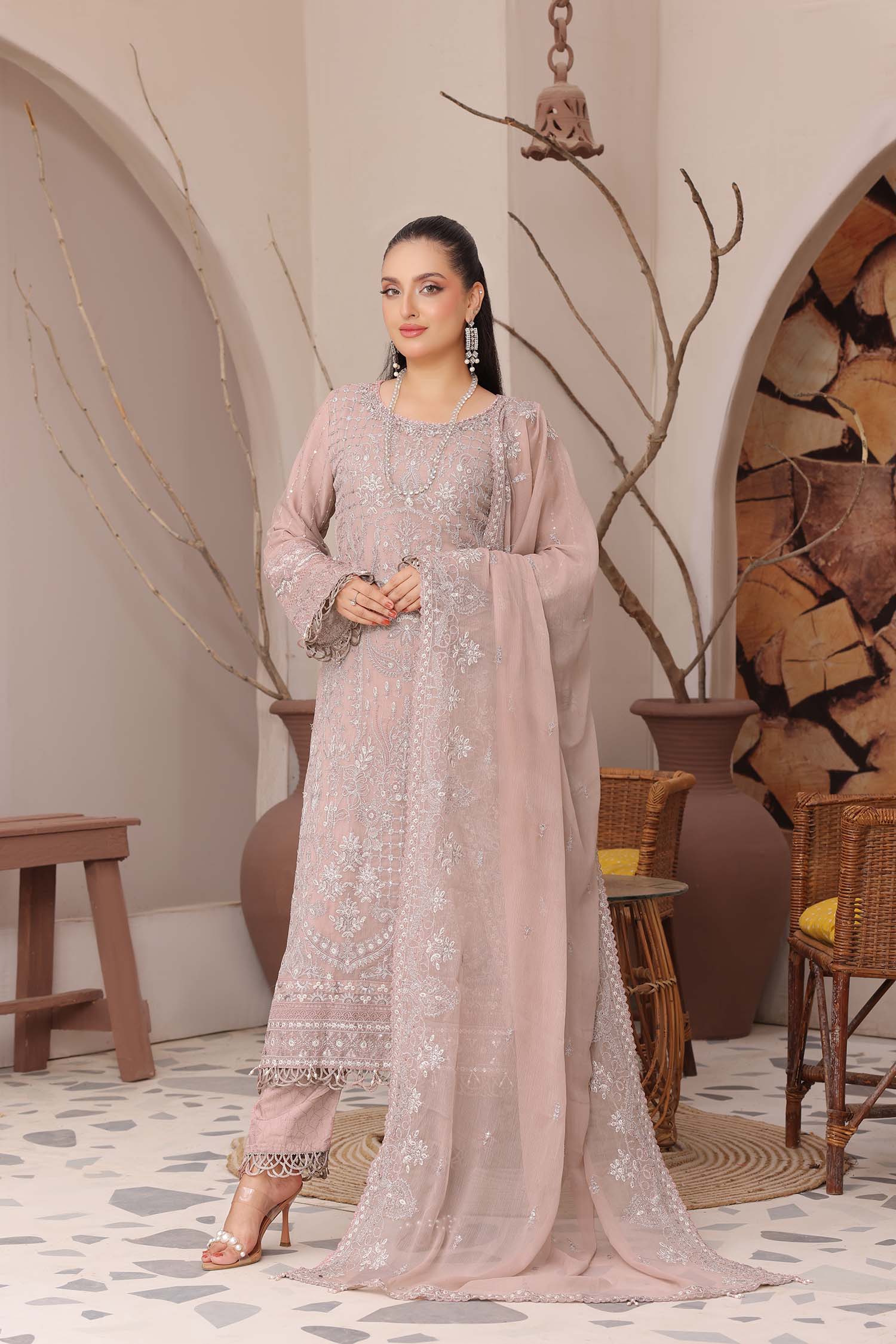 Madaya: Dusty Rose Embroidered Chiffon Suit