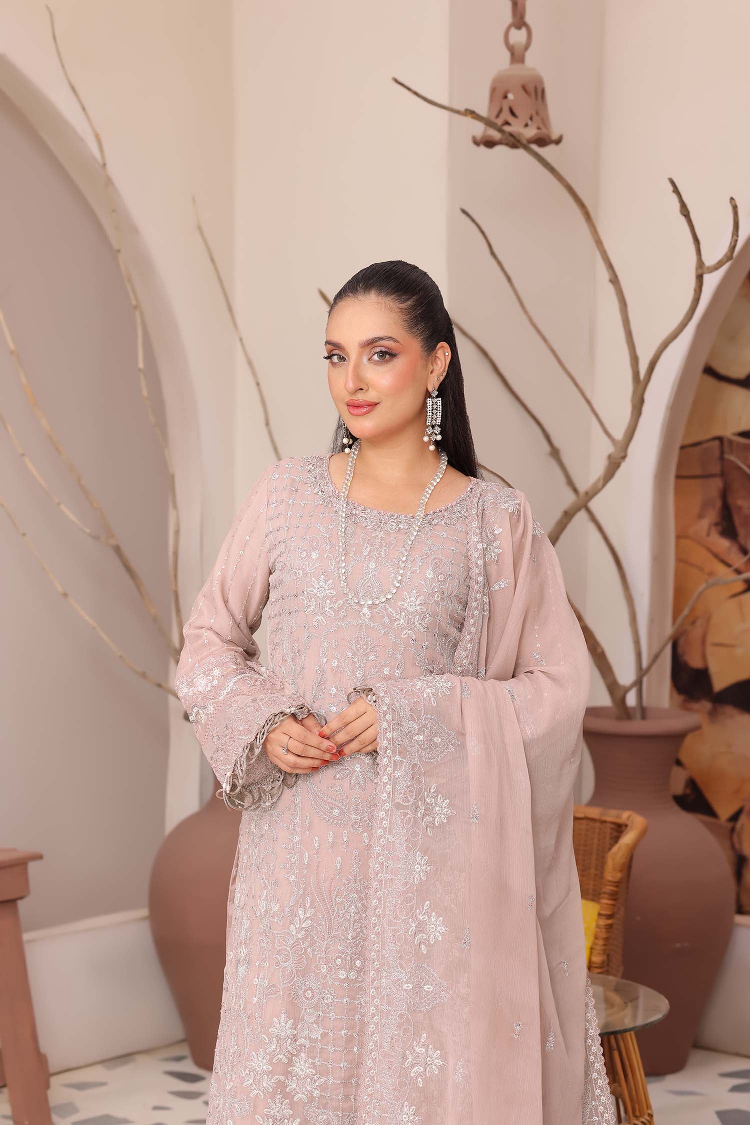 Madaya: Dusty Rose Embroidered Chiffon Suit