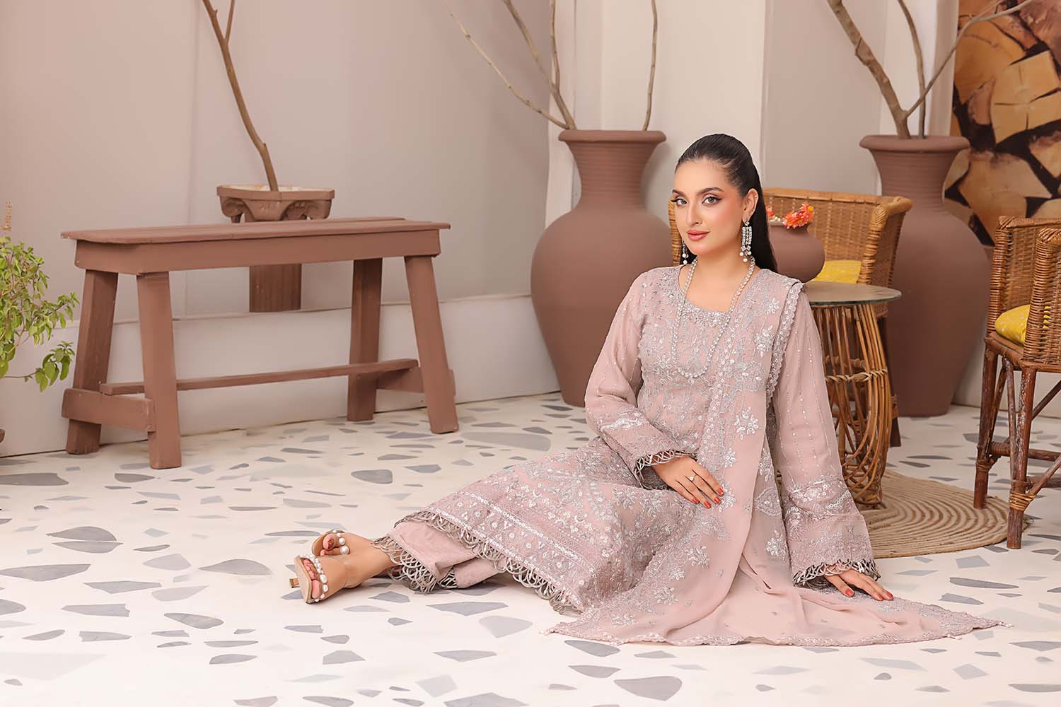 Madaya: Dusty Rose Embroidered Chiffon Suit