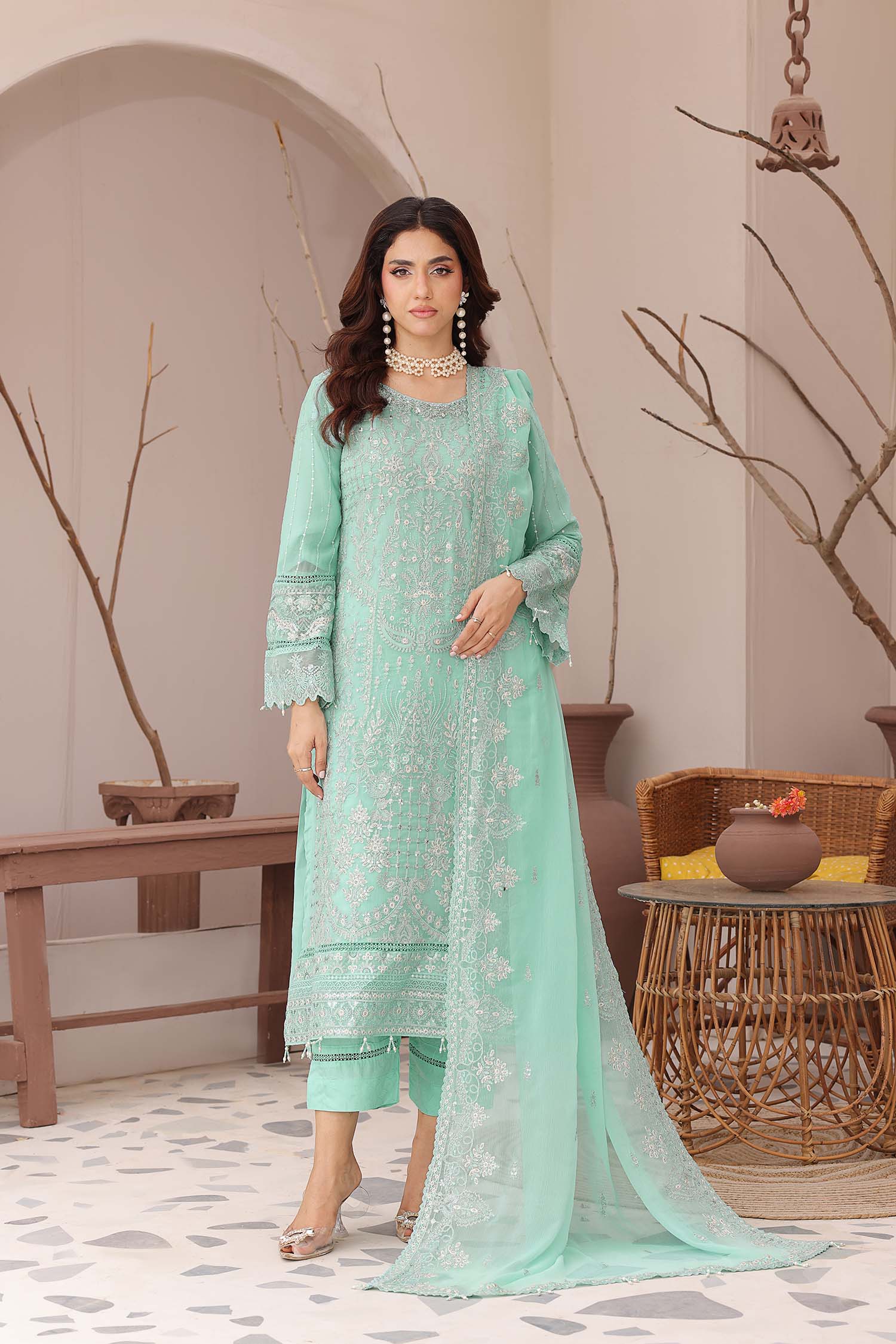 Madaya: Aqua Mint Embroidered Chiffon Suit