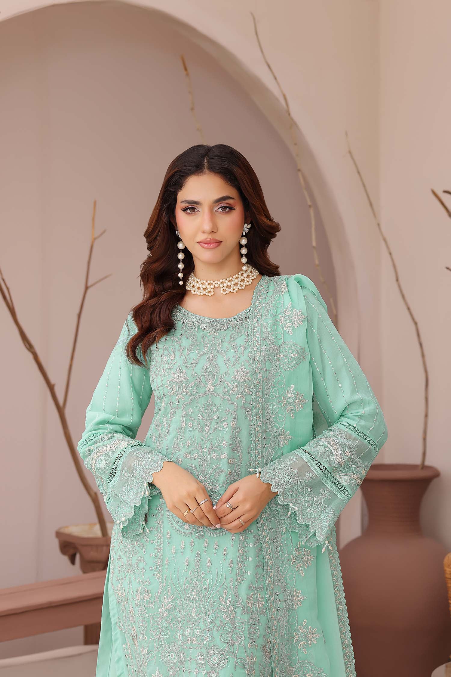 Madaya: Aqua Mint Embroidered Chiffon Suit