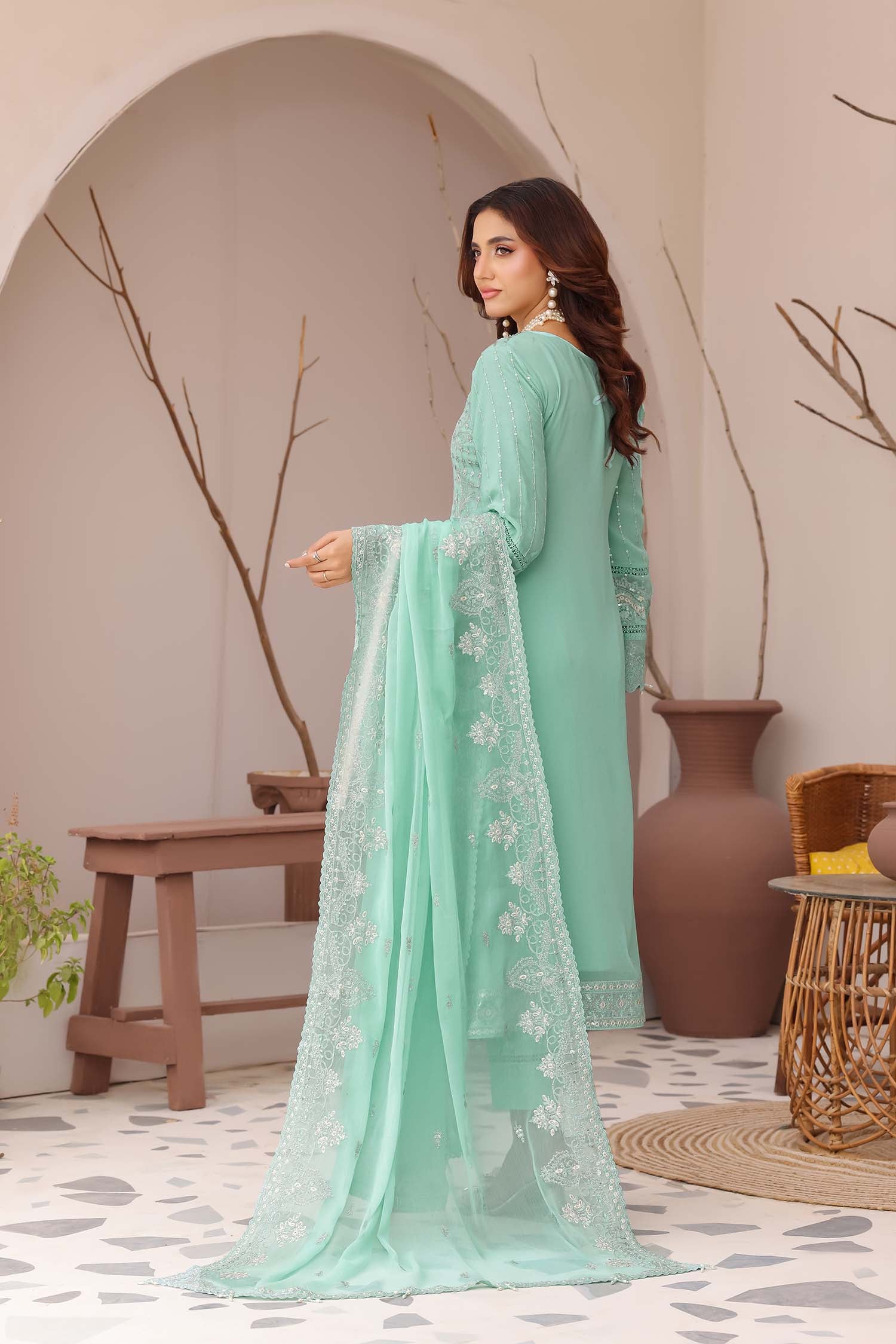 Madaya: Aqua Mint Embroidered Chiffon Suit