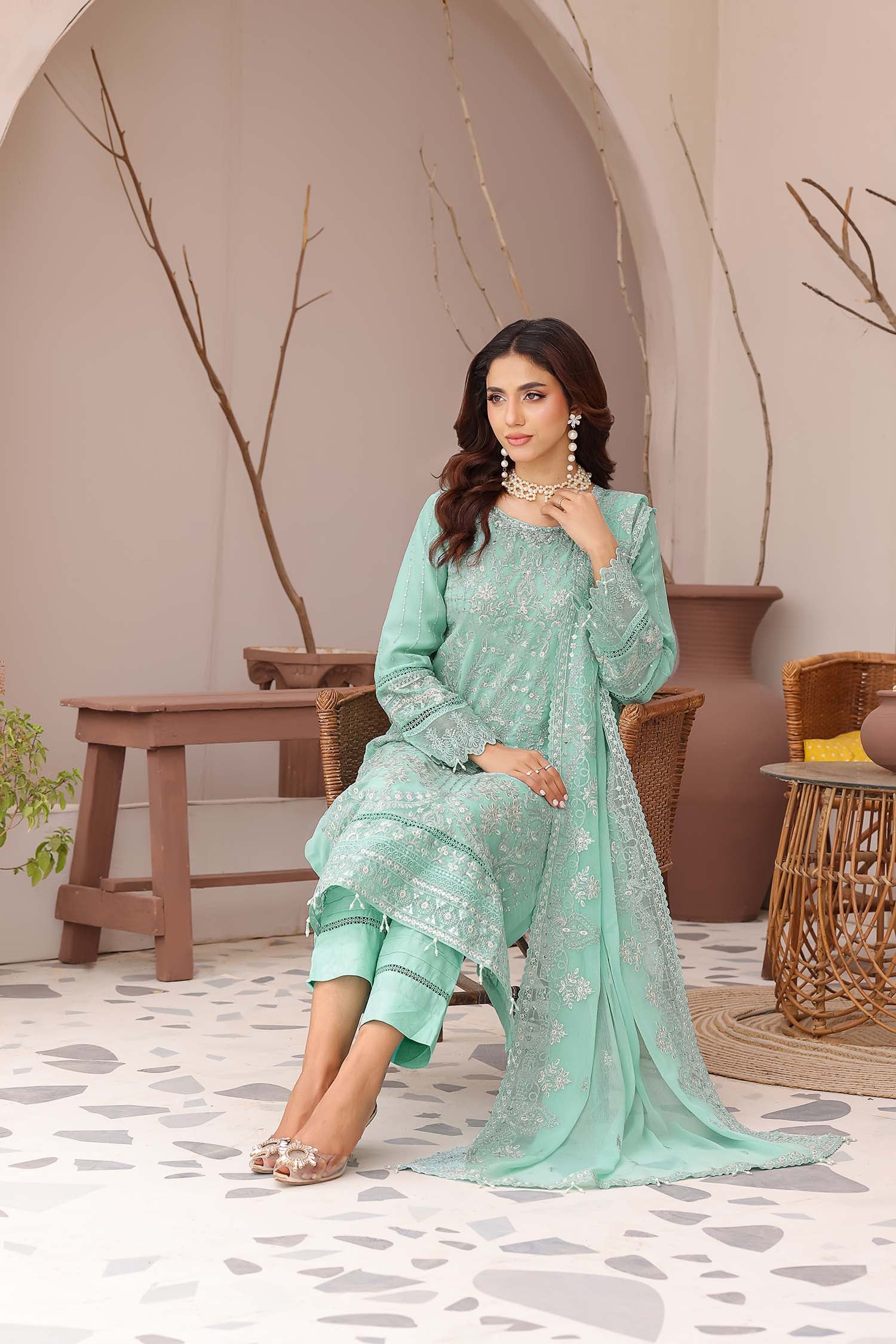 Madaya: Aqua Mint Embroidered Chiffon Suit