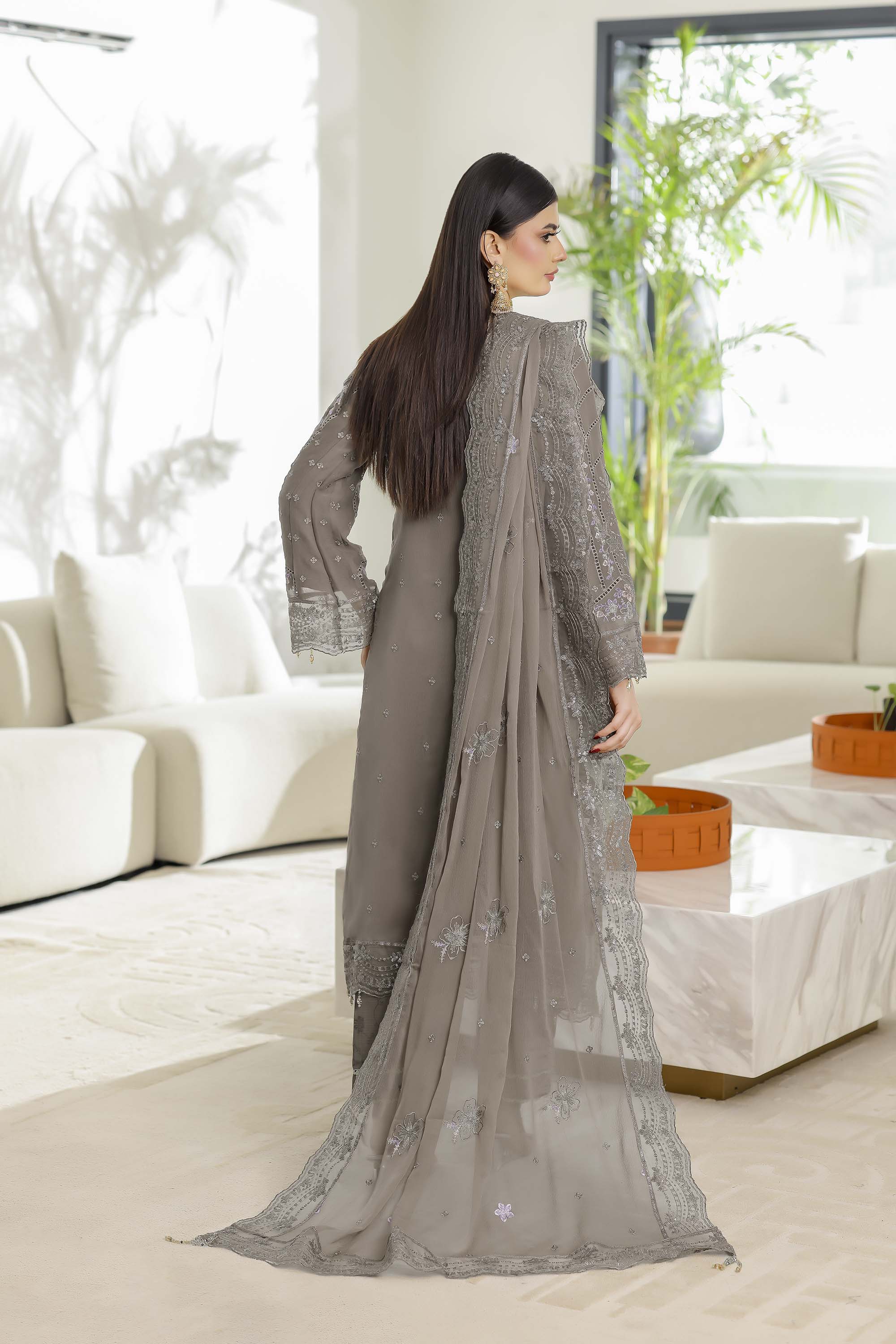 Fahriye – Slate Grey Embroidered Chiffon Suit