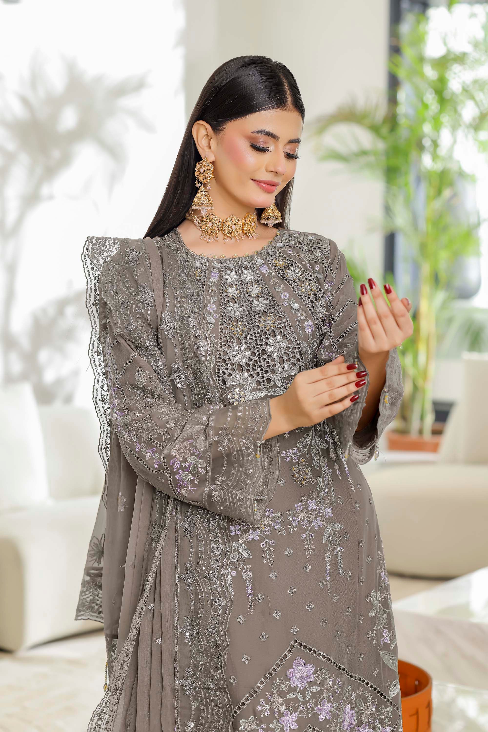 Fahriye – Slate Grey Embroidered Chiffon Suit