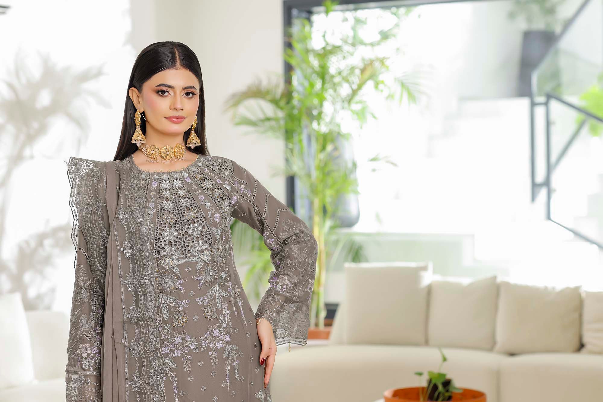 Fahriye – Slate Grey Embroidered Chiffon Suit