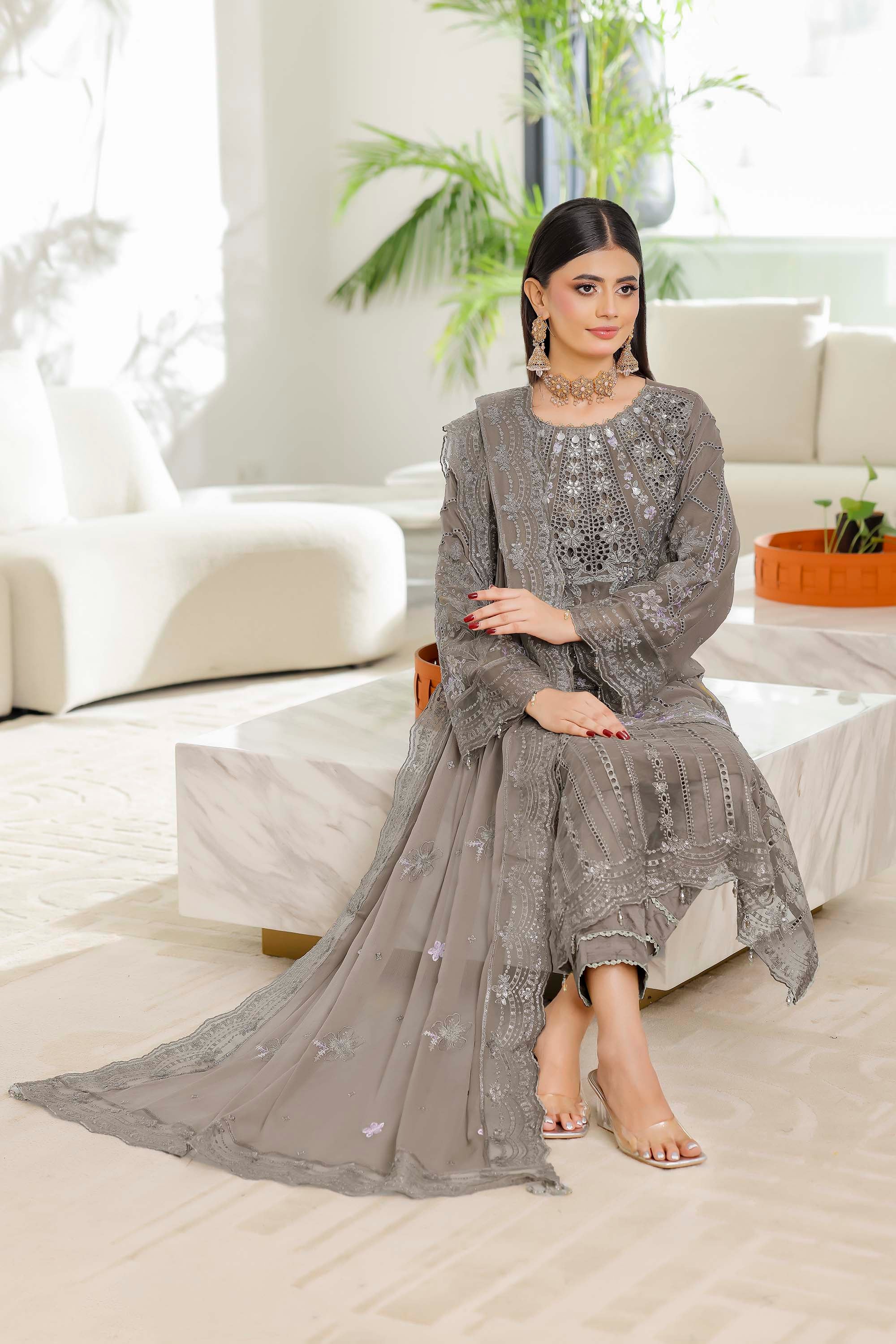 Fahriye – Slate Grey Embroidered Chiffon Suit