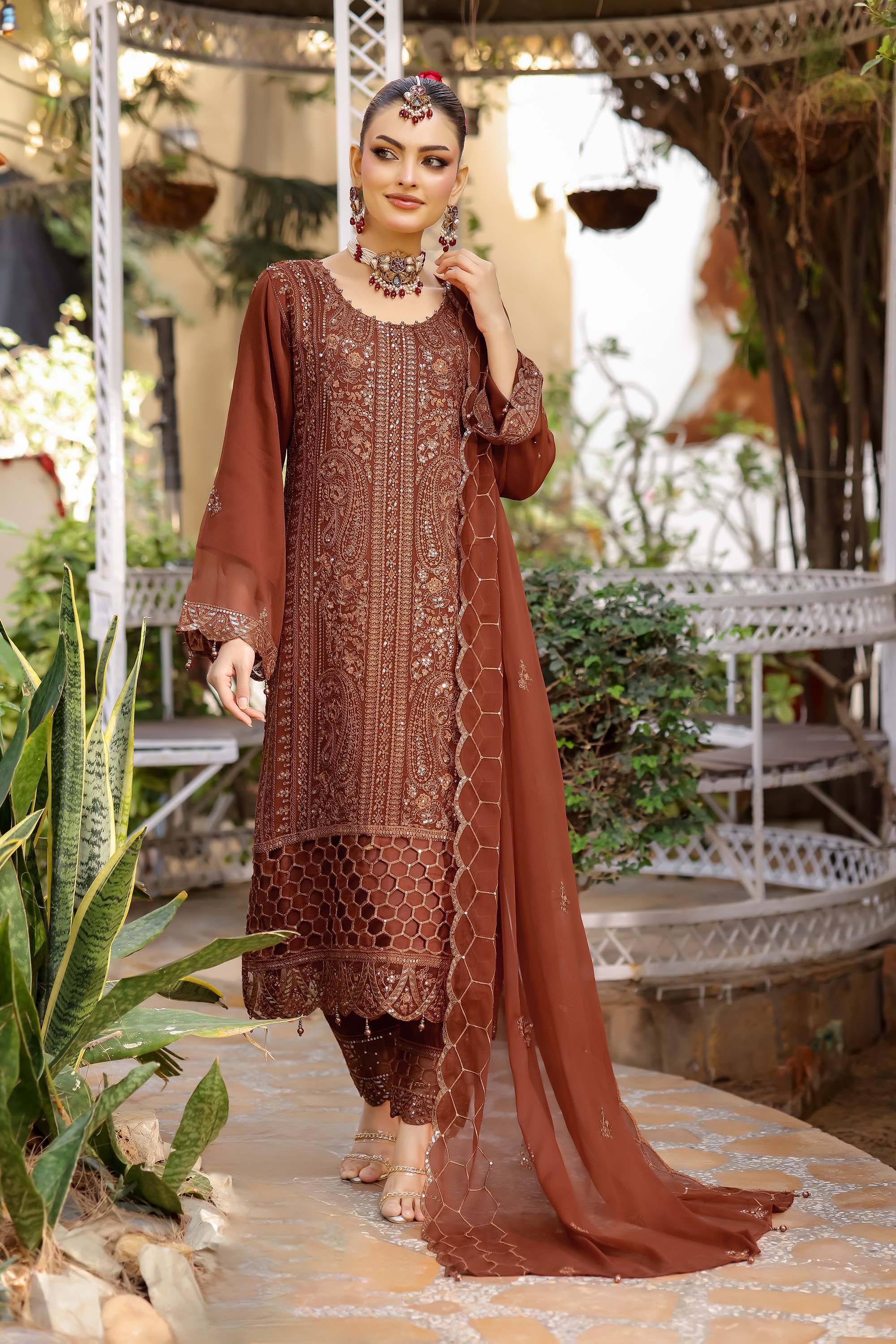 Paris Silk | Embroidered Chiffon Suit – Burnt Sienna