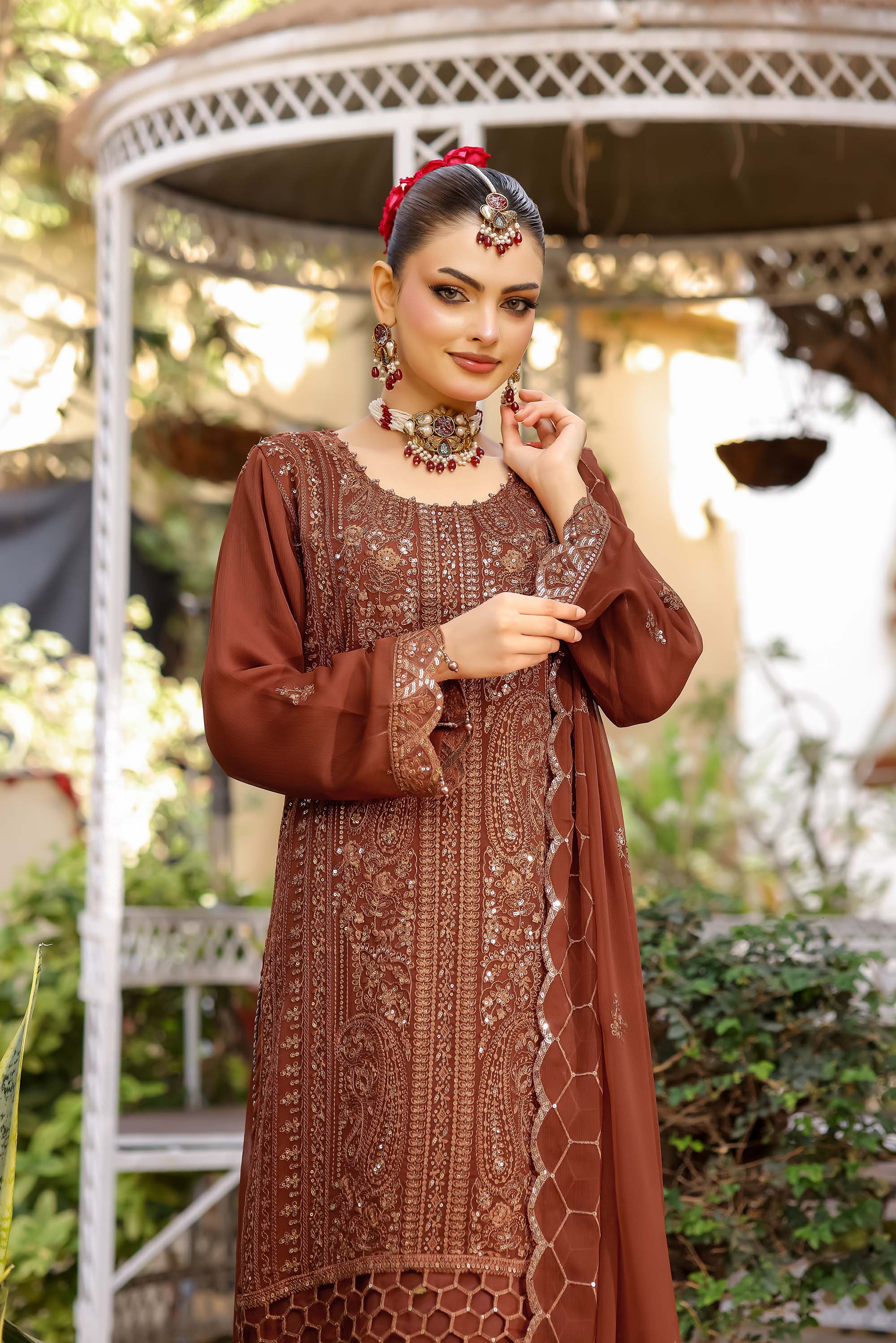 Paris Silk | Embroidered Chiffon Suit – Burnt Sienna