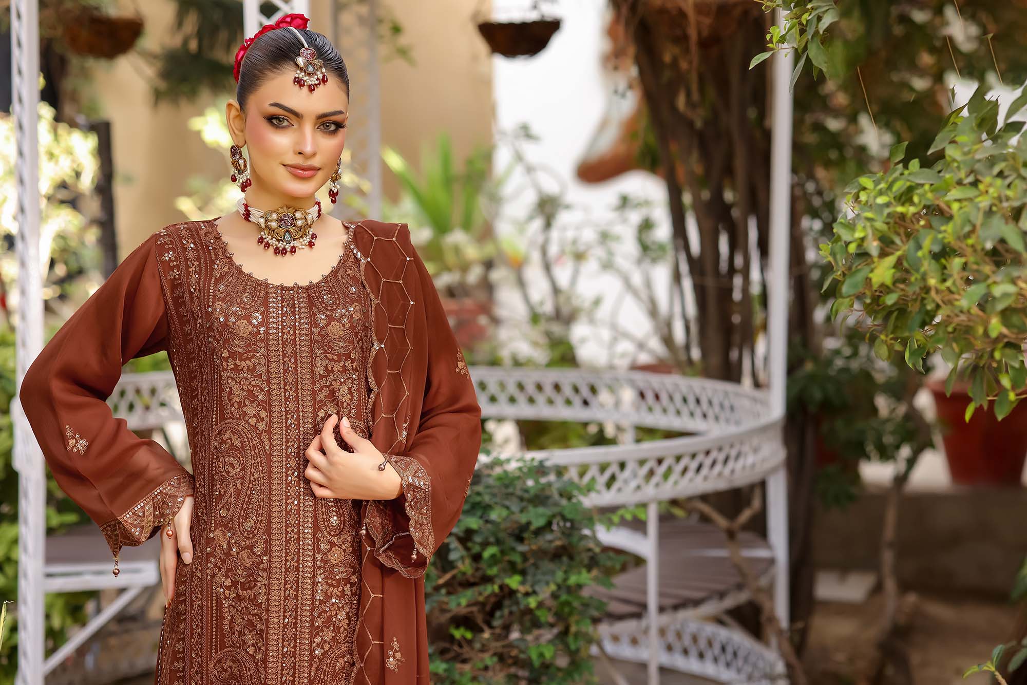 Paris Silk | Embroidered Chiffon Suit – Burnt Sienna