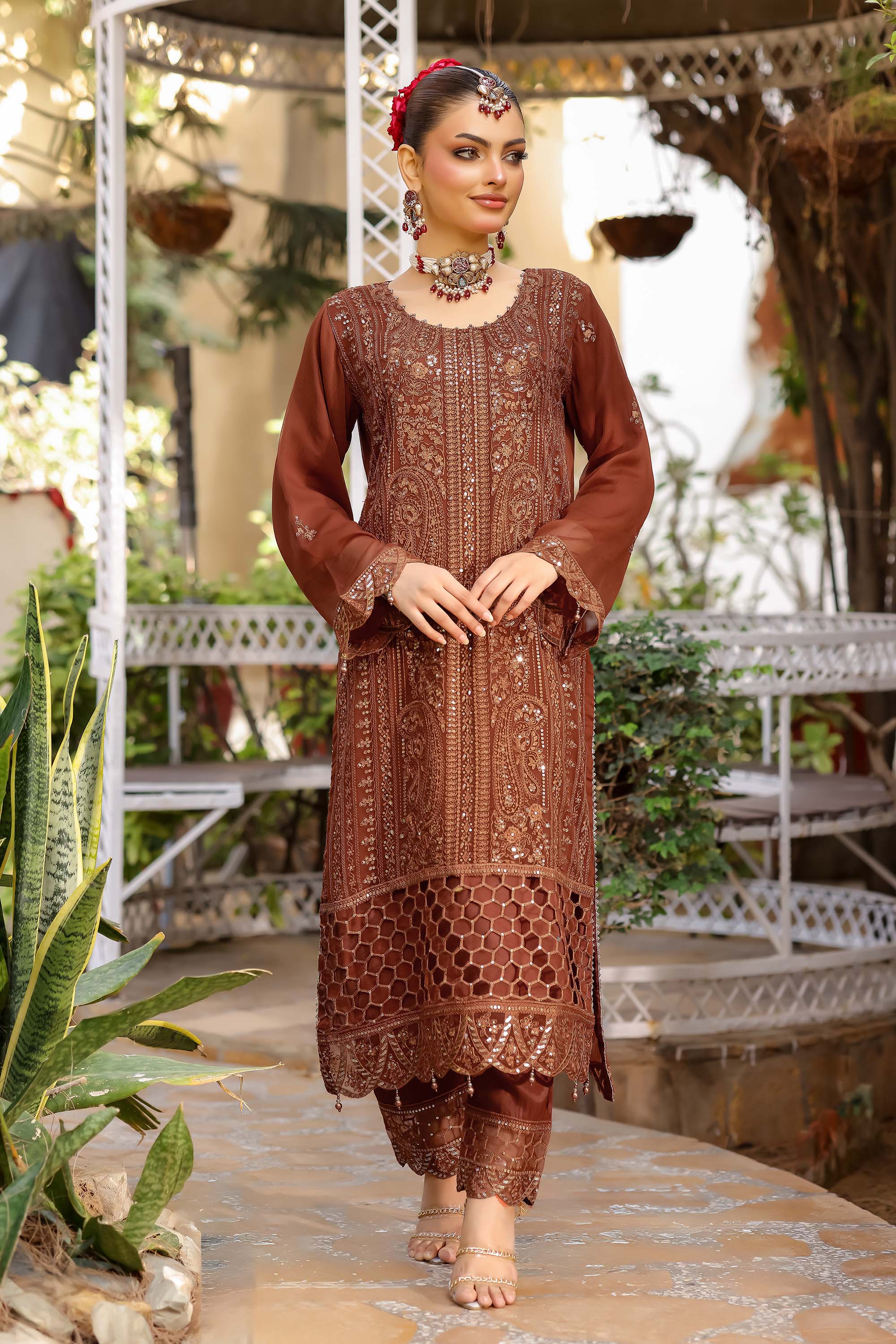 Paris Silk | Embroidered Chiffon Suit – Burnt Sienna