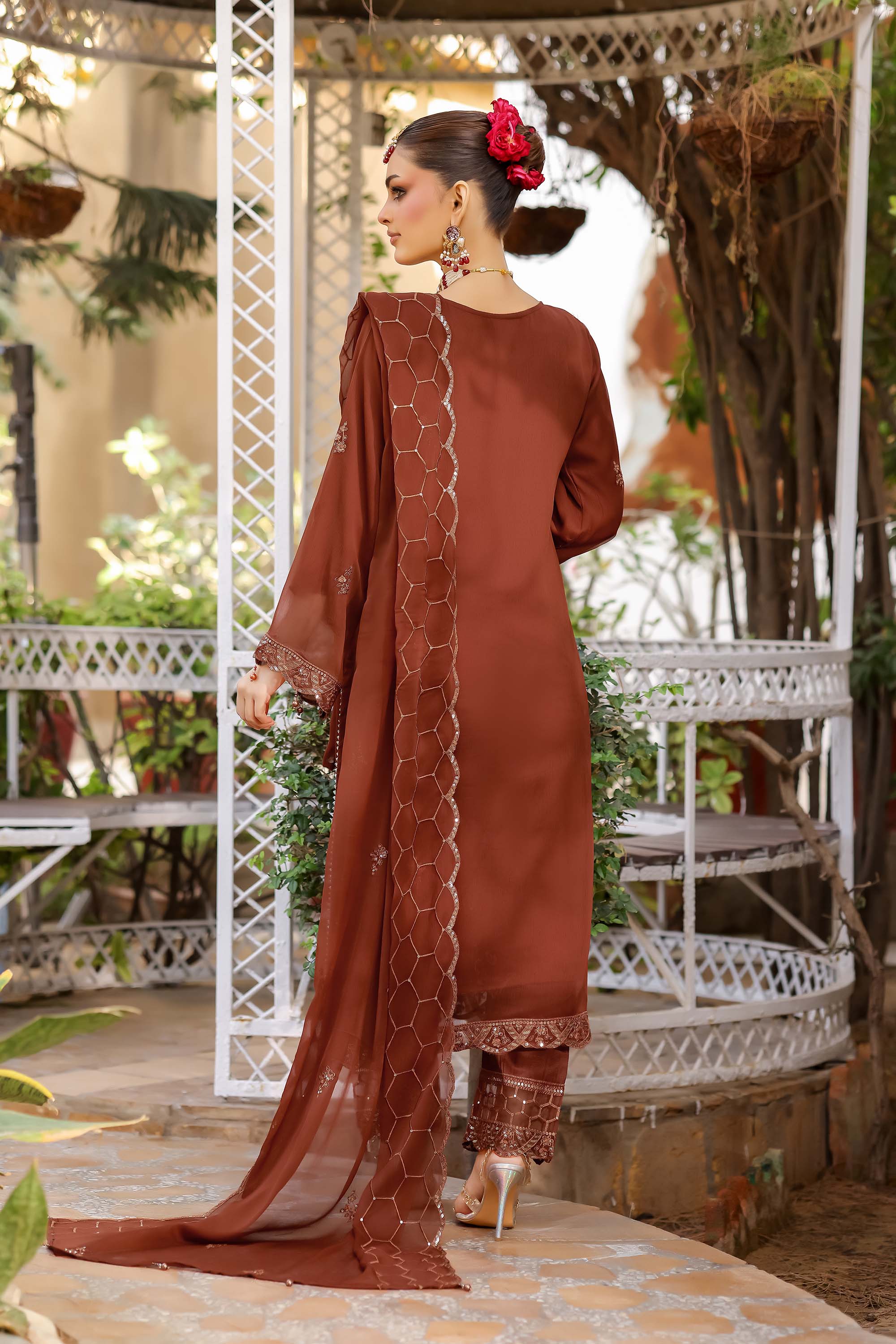 Ashiyana – Burnt Sienna Suit with Honeycomb Cutwork